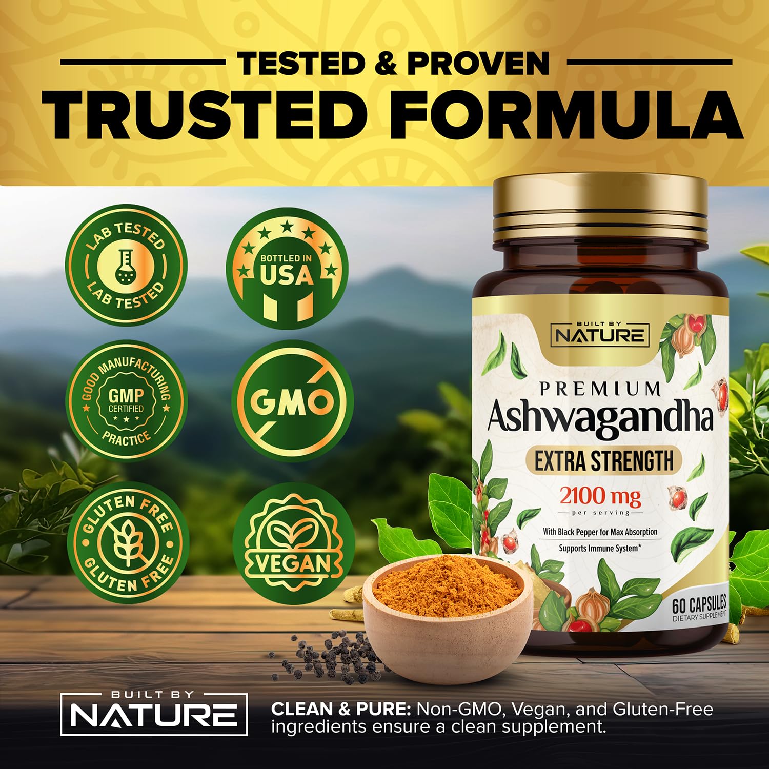 Built by Nature Ashwagandha 2100mg Extra Strength Stress Relief & Mood Support with Black Pepper Extract for Max Absorption - Non-GMO, Vegan, Gluten-Free - 60 Capsules