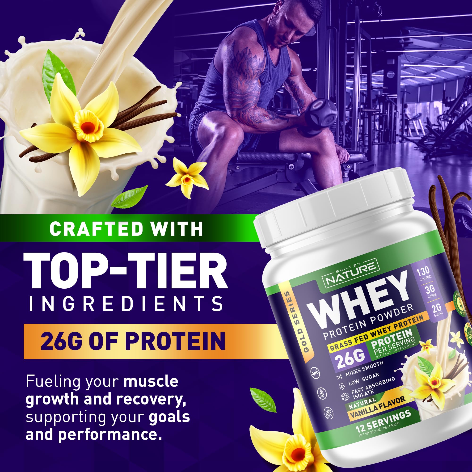 Built by Nature Whey Protein Powder - 100% Pure Whey Shake with Whey Isolate, Protein, No Bloating, Mixes Smooth, No Clumps or Chunks - High Protein, Low Sugar Drink