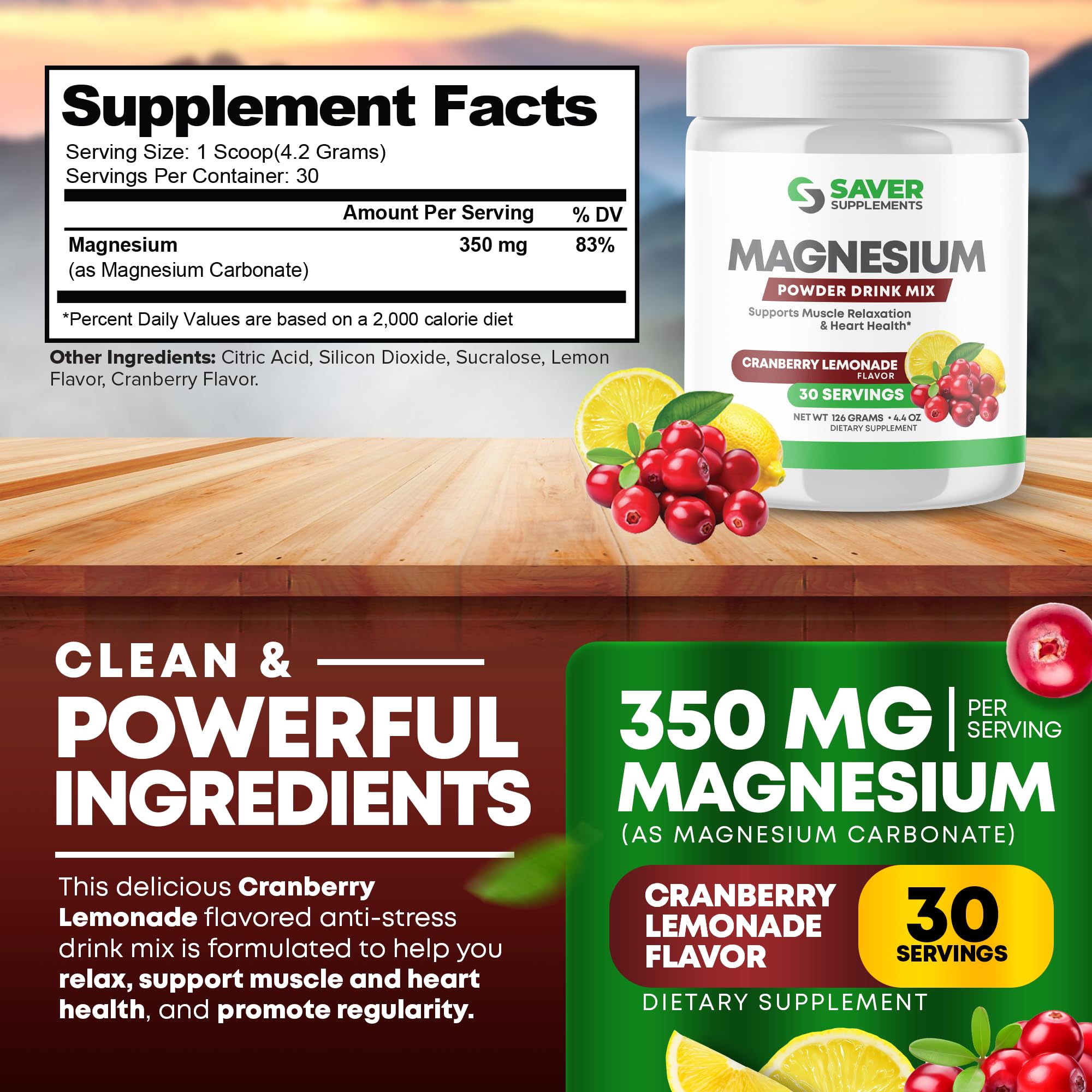 Saver Supplements Magnesium Powder - Anti-Stress Drink Mix for Calm & Regularity - Magnesium Citrate Supplement - Relaxation, Muscle & Heart Support - Cranberry Lemonade Flavor - 30 Servings