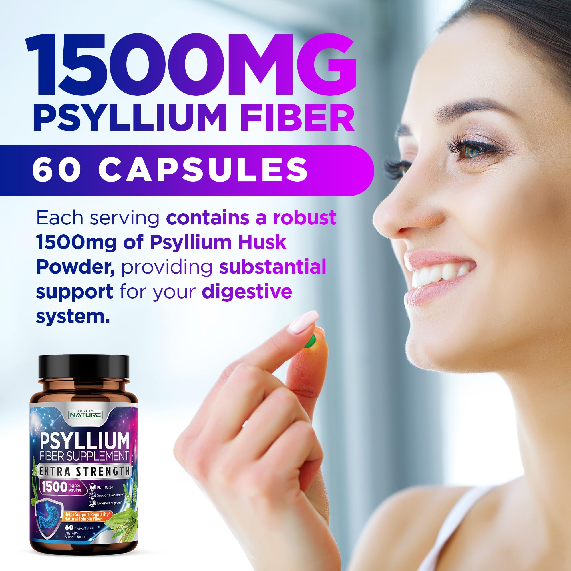 Psyllium Husk Capsules 1500mg - Fiber Supplement - Natural Soluble Fiber Pills with Psyllium Husk Powder - Supports Digestive Gut and Colon Health - Non-GMO, Gluten-Free, Vegan