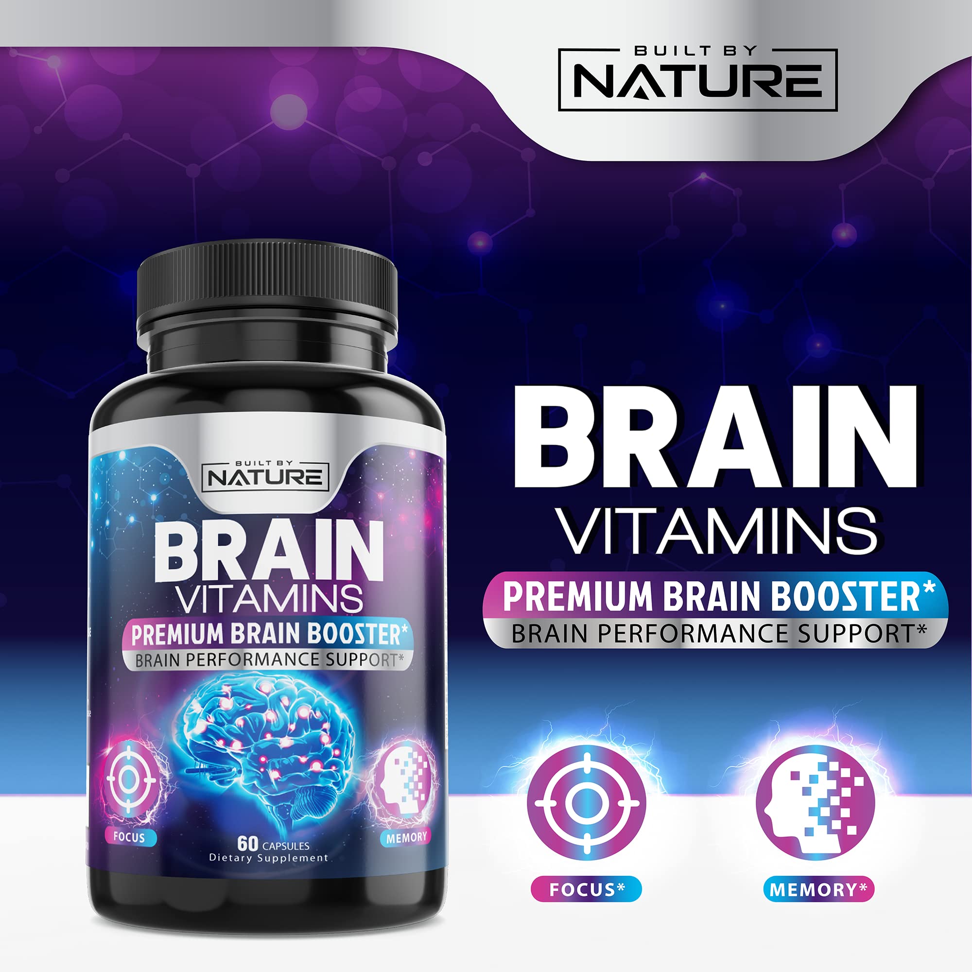 Nootropic Brain Booster Supplement - Memory, Focus & Concentration Support with Vitamins B6 & B12, Proven and Tested Phosphatidylserine - Natural Cognitive Function & Energy Boost, 60 Capsules