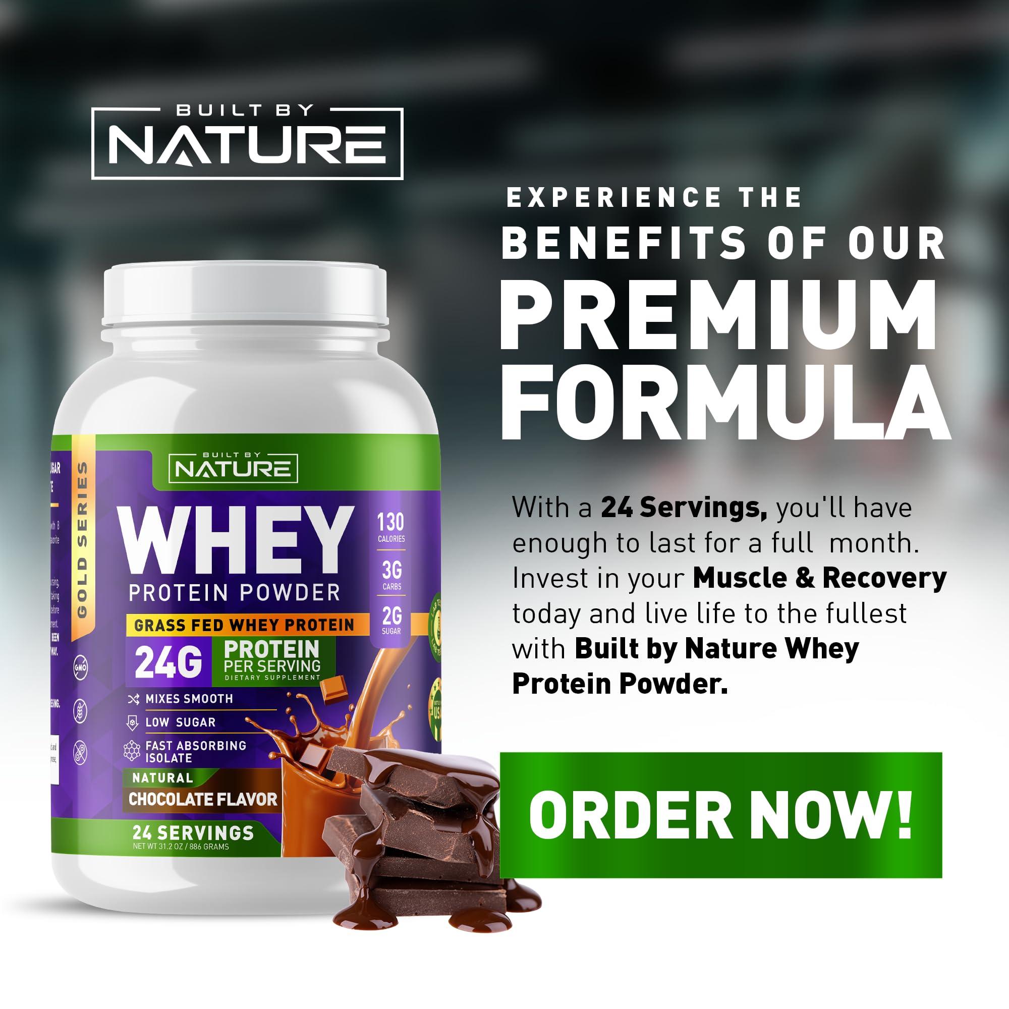 Built by Nature Whey Protein Powder - 100% Pure Whey Shake with Whey Isolate, Protein, No Bloating, Mixes Smooth, No Clumps or Chunks - High Protein, Low Sugar Drink