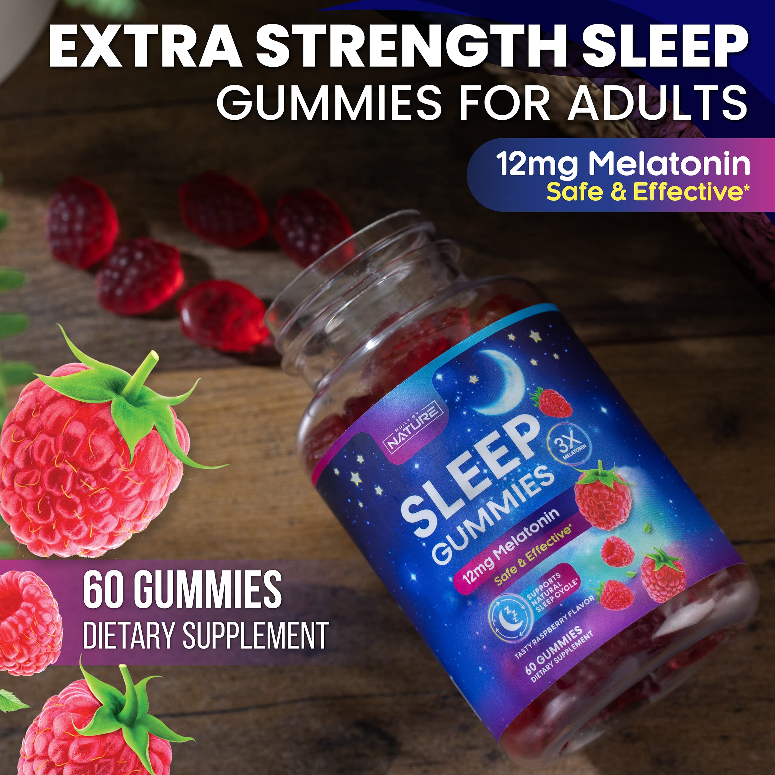 Melatonin 12mg Sleep Gummies, Fast Dissolving, Helps You Fall Asleep Faster & Stay Asleep Longer, 100% Drug Free, Supports Relaxation, Raspberry Flavor, Vegetarian, Non-GMO, Gluten Free, 60 Count