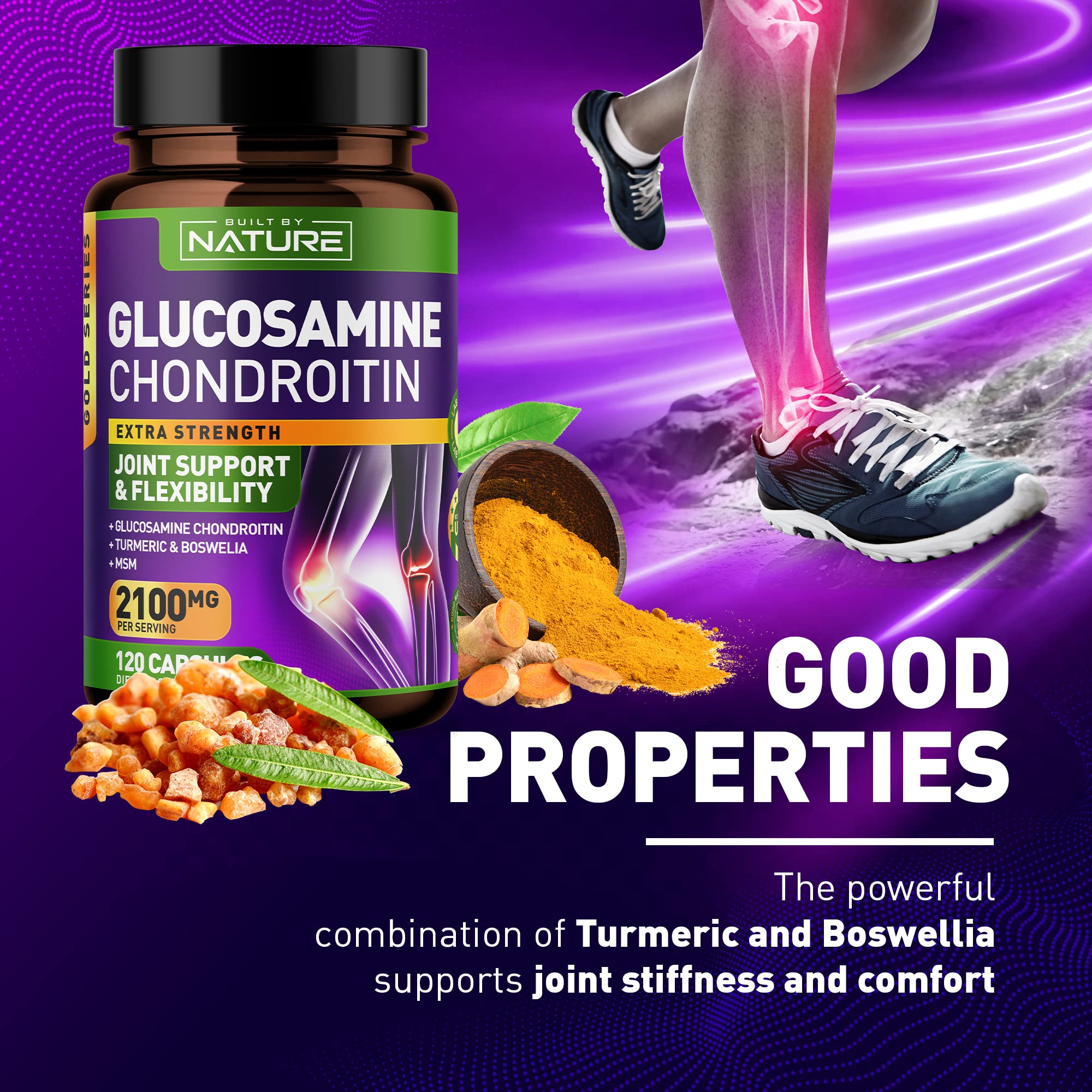 Glucosamine Chondroitin with MSM, Turmeric, Boswellia - Advanced Joint Support Supplement, High Potency Antioxidant, Comfort for Back, Knees, Hands, Non GMO, 120 Extended Delivery Capsules