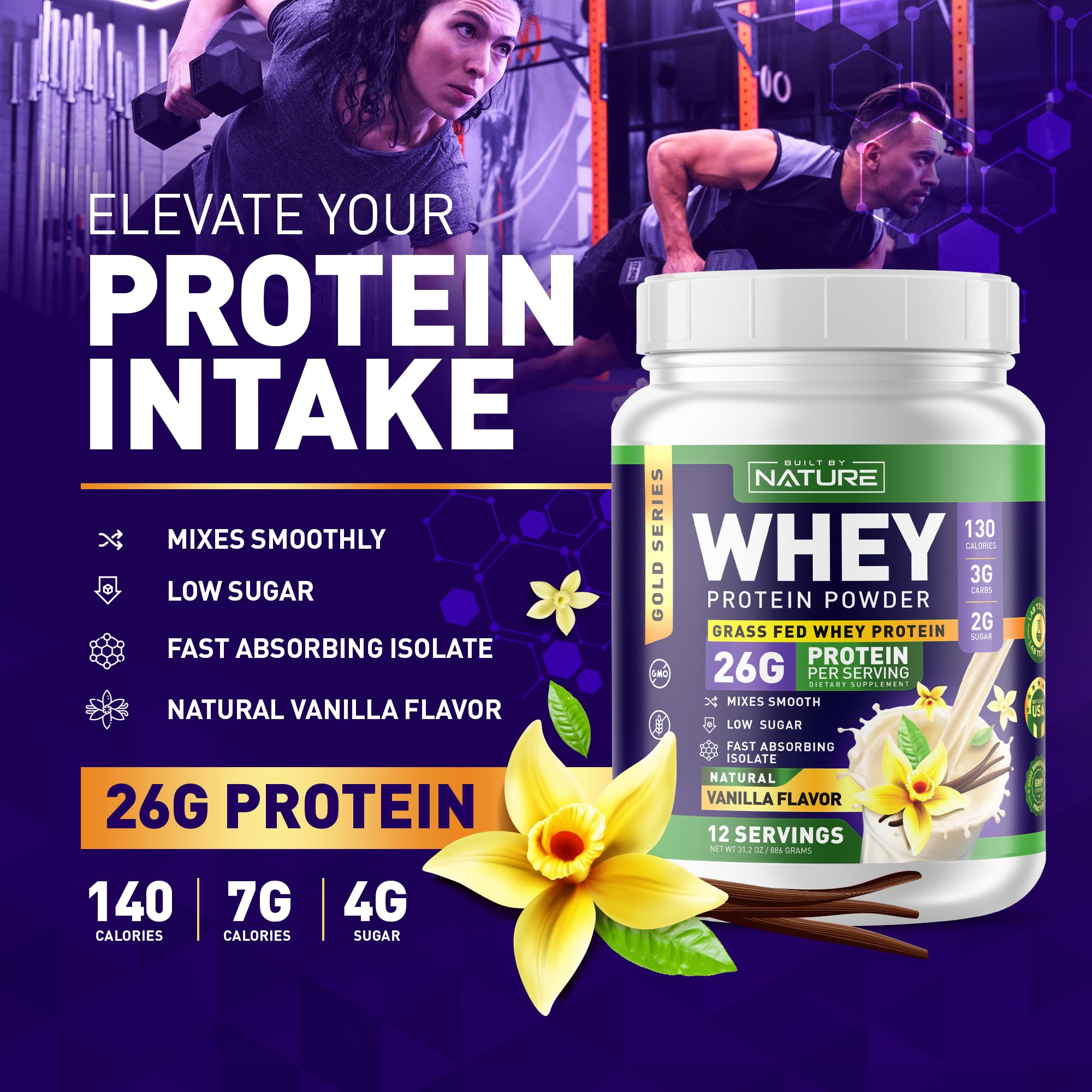 Built by Nature Whey Protein Powder - 100% Pure Whey Shake with Whey Isolate, Protein, No Bloating, Mixes Smooth, No Clumps or Chunks - High Protein, Low Sugar Drink