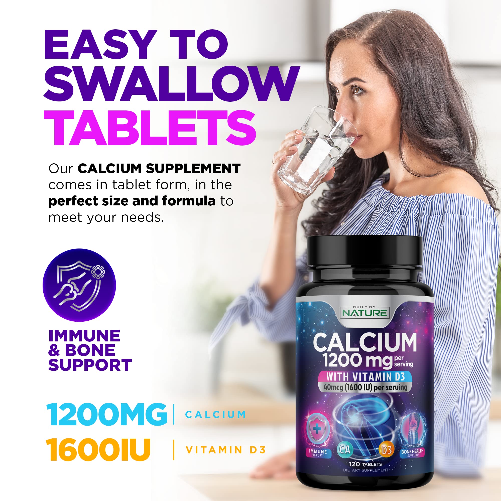 Calcium 1200mg with Vitamin D3 for Best Absorption - Advanced Bone Support Supplement, 1200 mg Calcium Carbonate & 1600 IU Vitamin D3