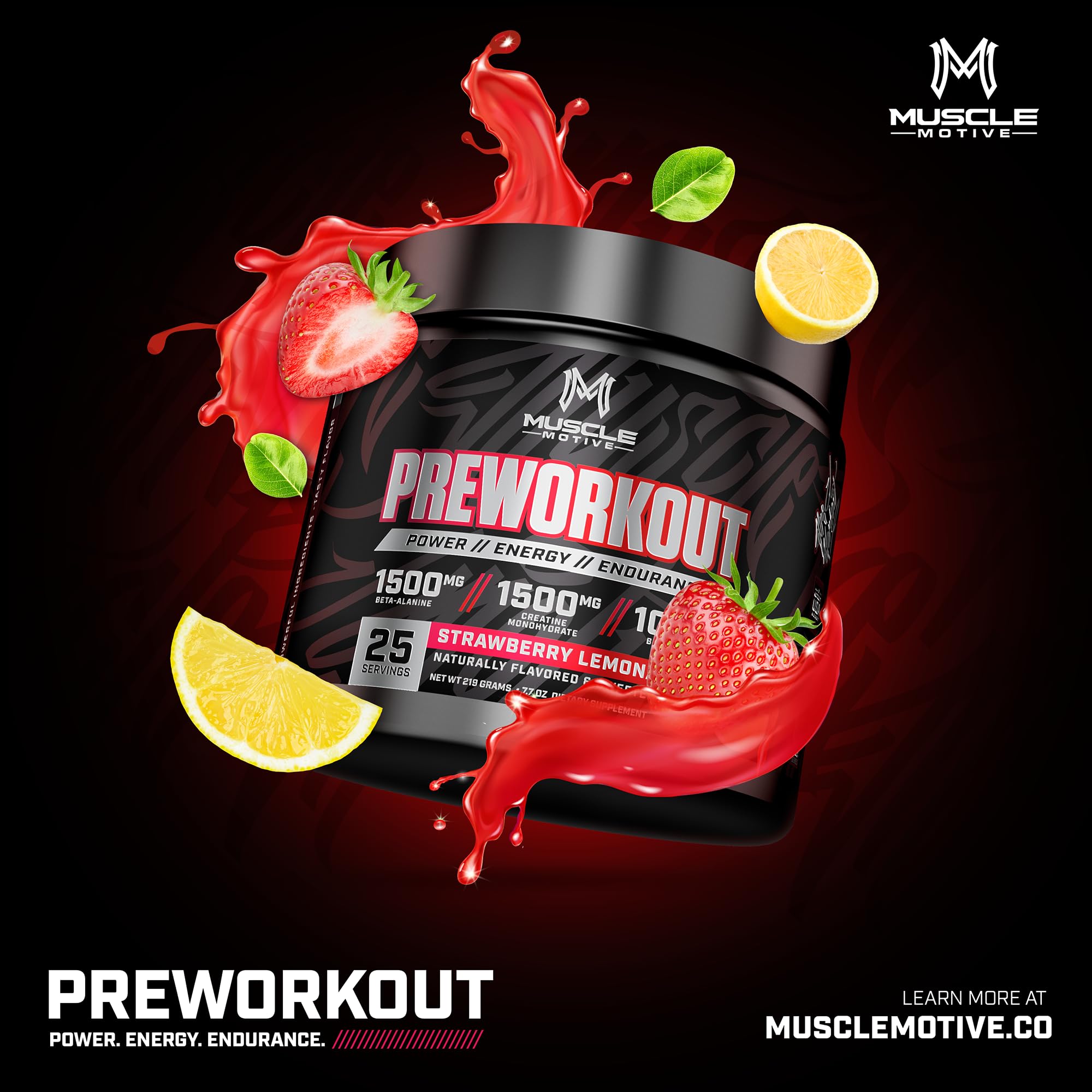 MuscleMotive Pre Workout Powder with Beta Alanine, Creatine Monohydrate, BCAA, L Citrulline, L Arginine and Caffeine - Strawberry Lemonade Flavor - 25 Servings