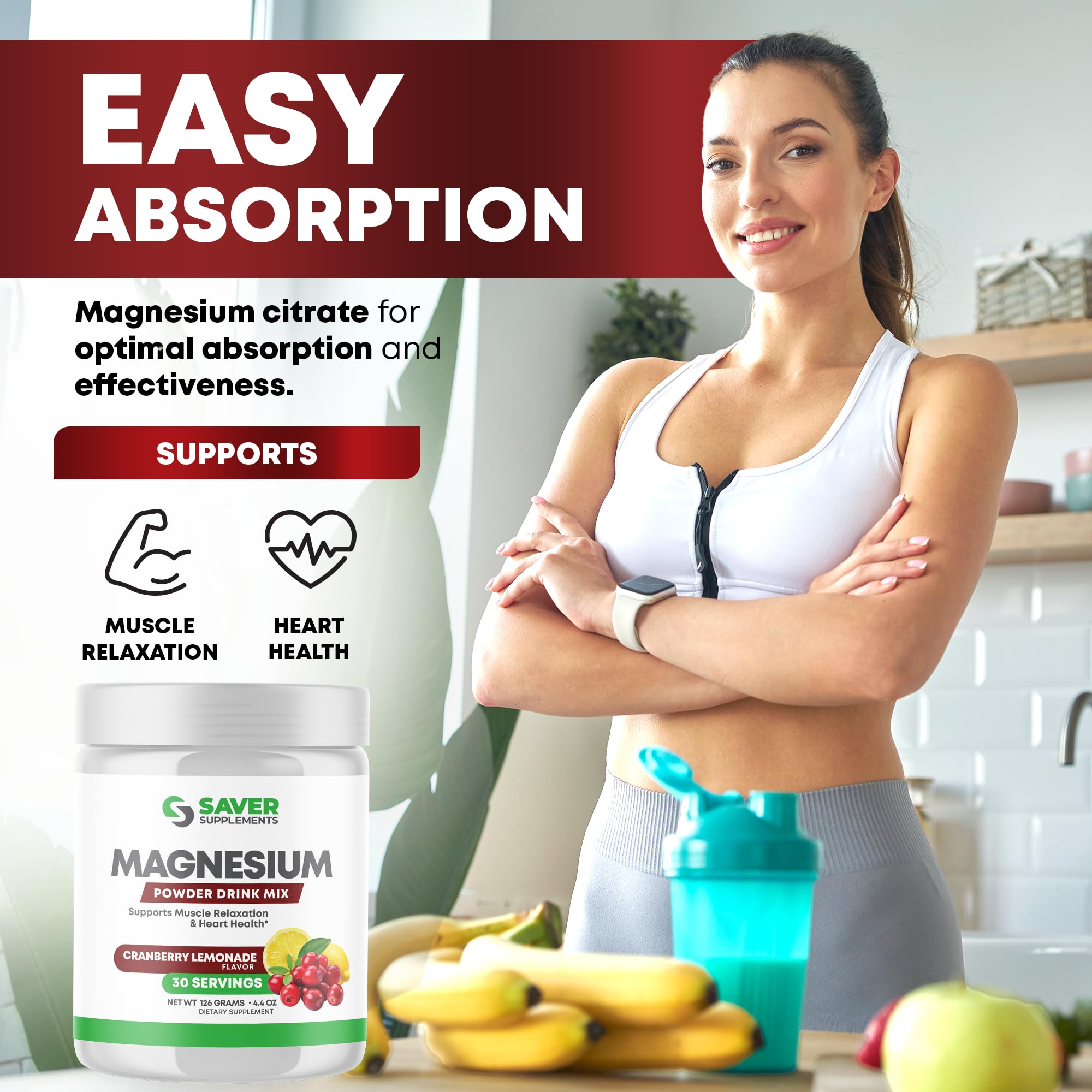 Saver Supplements Magnesium Powder - Anti-Stress Drink Mix for Calm & Regularity - Magnesium Citrate Supplement - Relaxation, Muscle & Heart Support - Cranberry Lemonade Flavor - 30 Servings