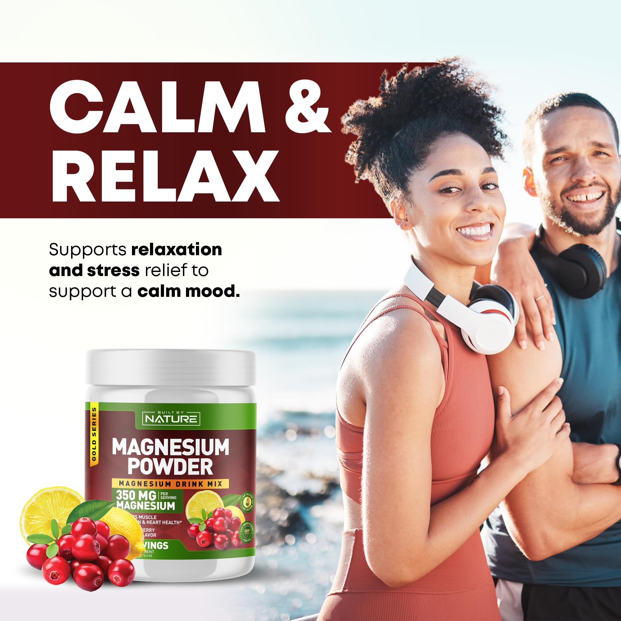 Built by Nature Magnesium Powder - Anti-Stress Drink Mix for Calm & Regularity - Magnesium Citrate Supplement - Relaxation, Muscle & Heart Support - Cranberry Lemonade Flavor - 30 Servings