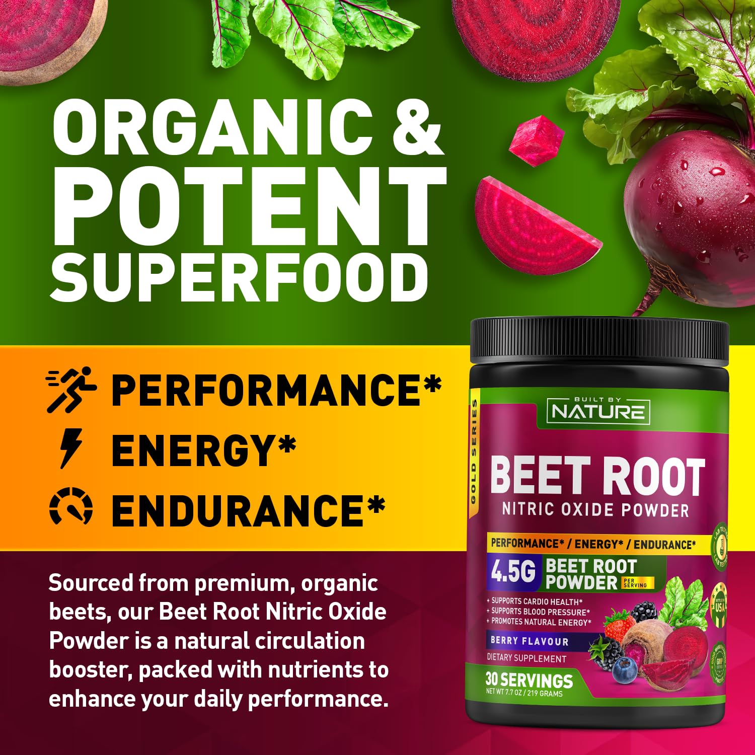 Beet Root Nitric Oxide Powder Supplement - Organic Beetroot Super Food Performance Booster for Circulation, Energy, Stamina, Blood Flow and Heart Health - Vegan, Non-GMO - Berry Flavor - 30 Servings