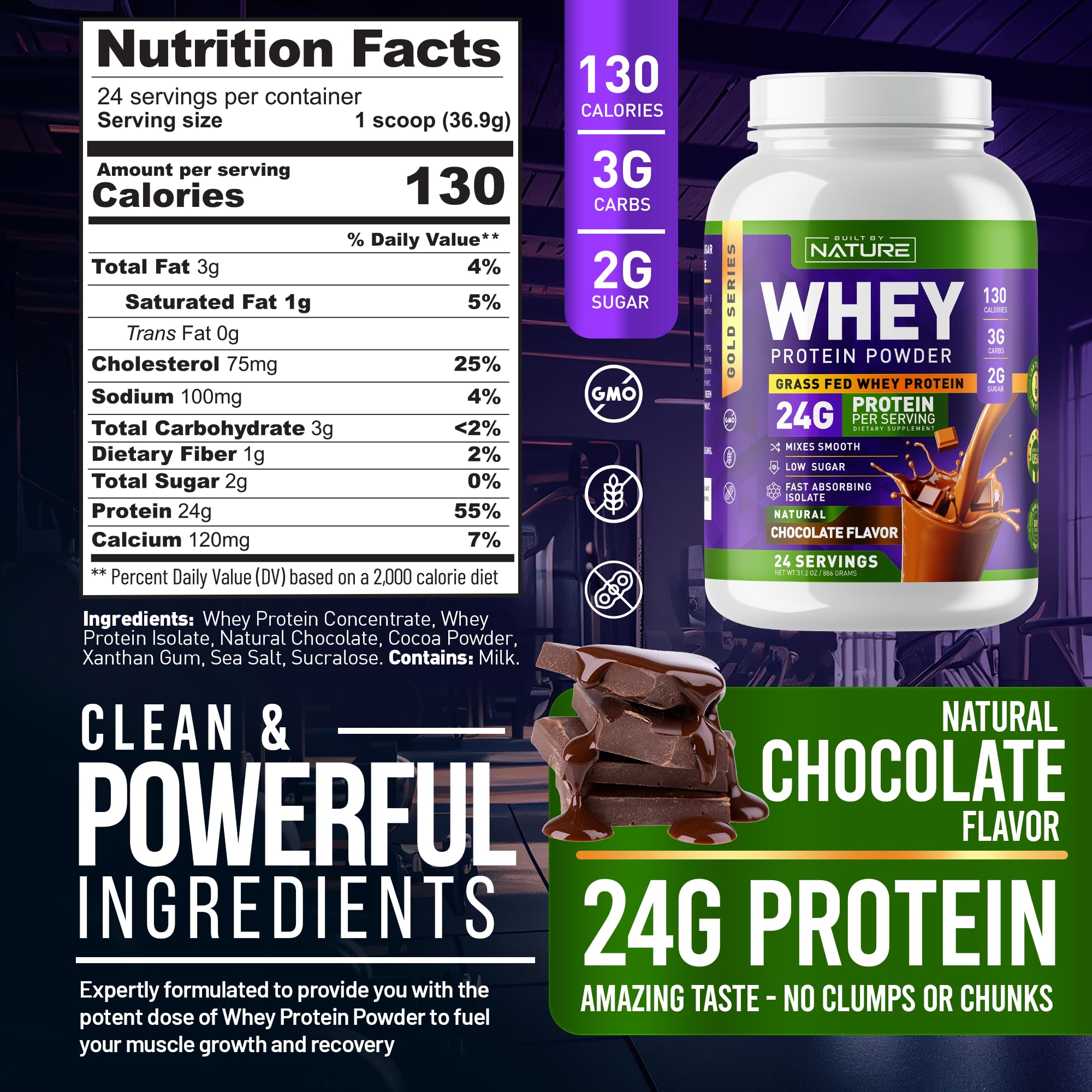 Built by Nature Whey Protein Powder - 100% Pure Whey Shake with Whey Isolate, Protein, No Bloating, Mixes Smooth, No Clumps or Chunks - High Protein, Low Sugar Drink