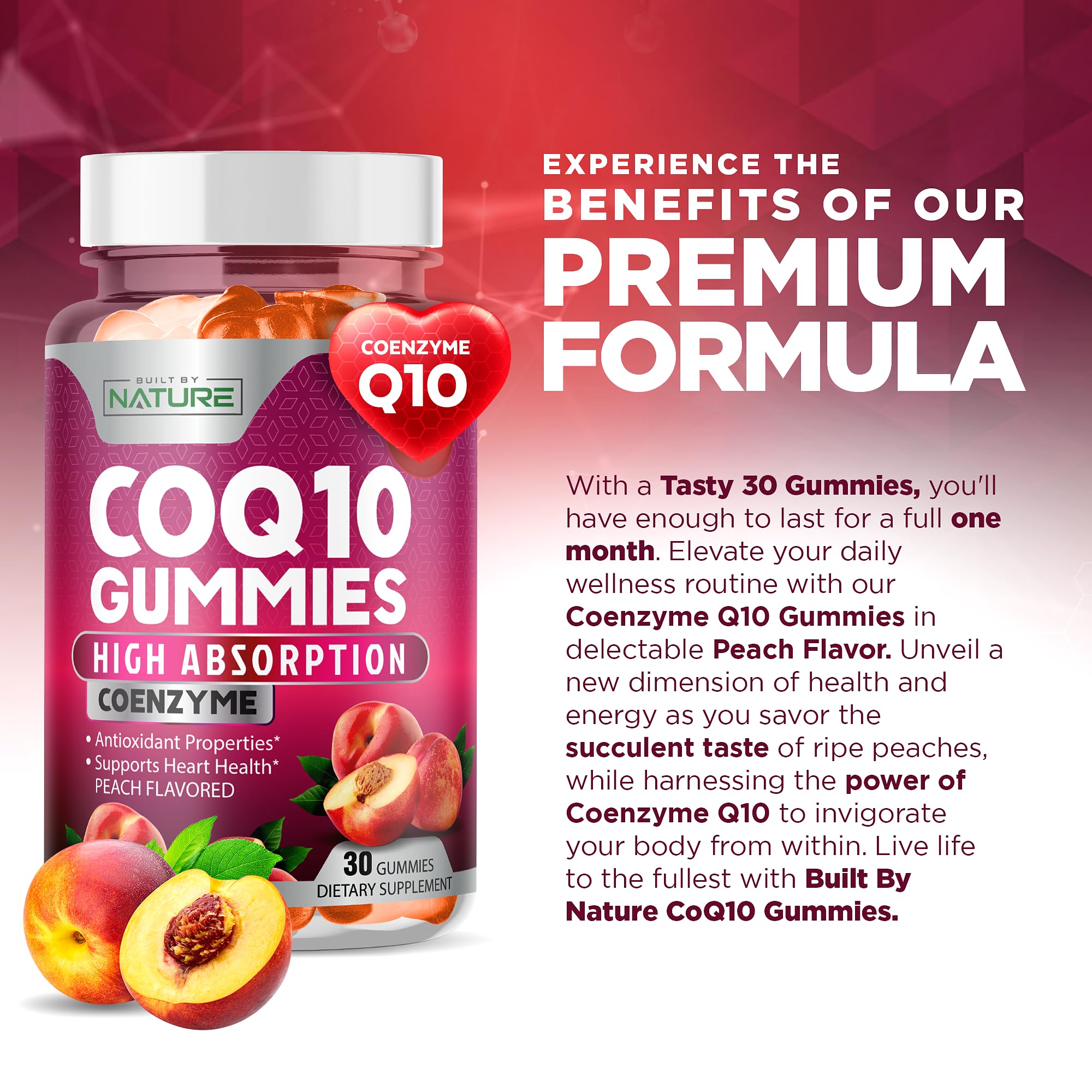 Built by Nature CoQ10 Gummies 100 mg – High Absorption Coenzyme Q10 Gummy – Vegan, Non-GMO – Heart Health & Cellular Energy Support – Tasty Peach Flavor - 30 Gummies