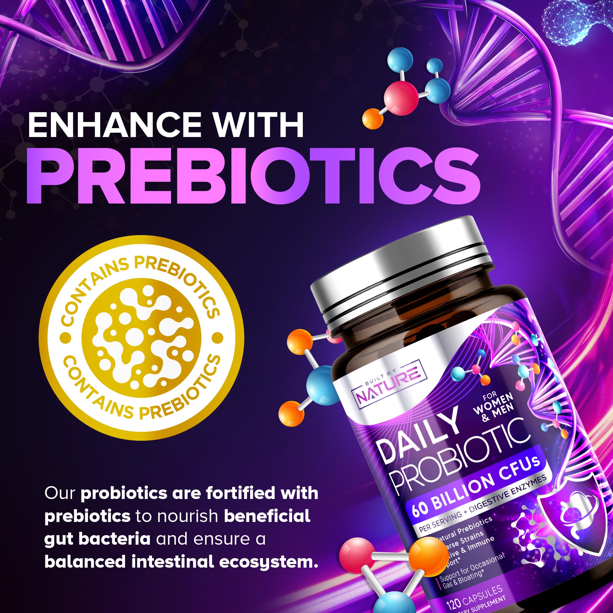 Built by Nature Probiotic for Women & Men – 60 Billion CFU, 10 Strains + Prebiotics & Digestive Enzymes – Supports Digestive, Immune, Reduce Gas & Bloating – Shelf Stable, Non-GMO