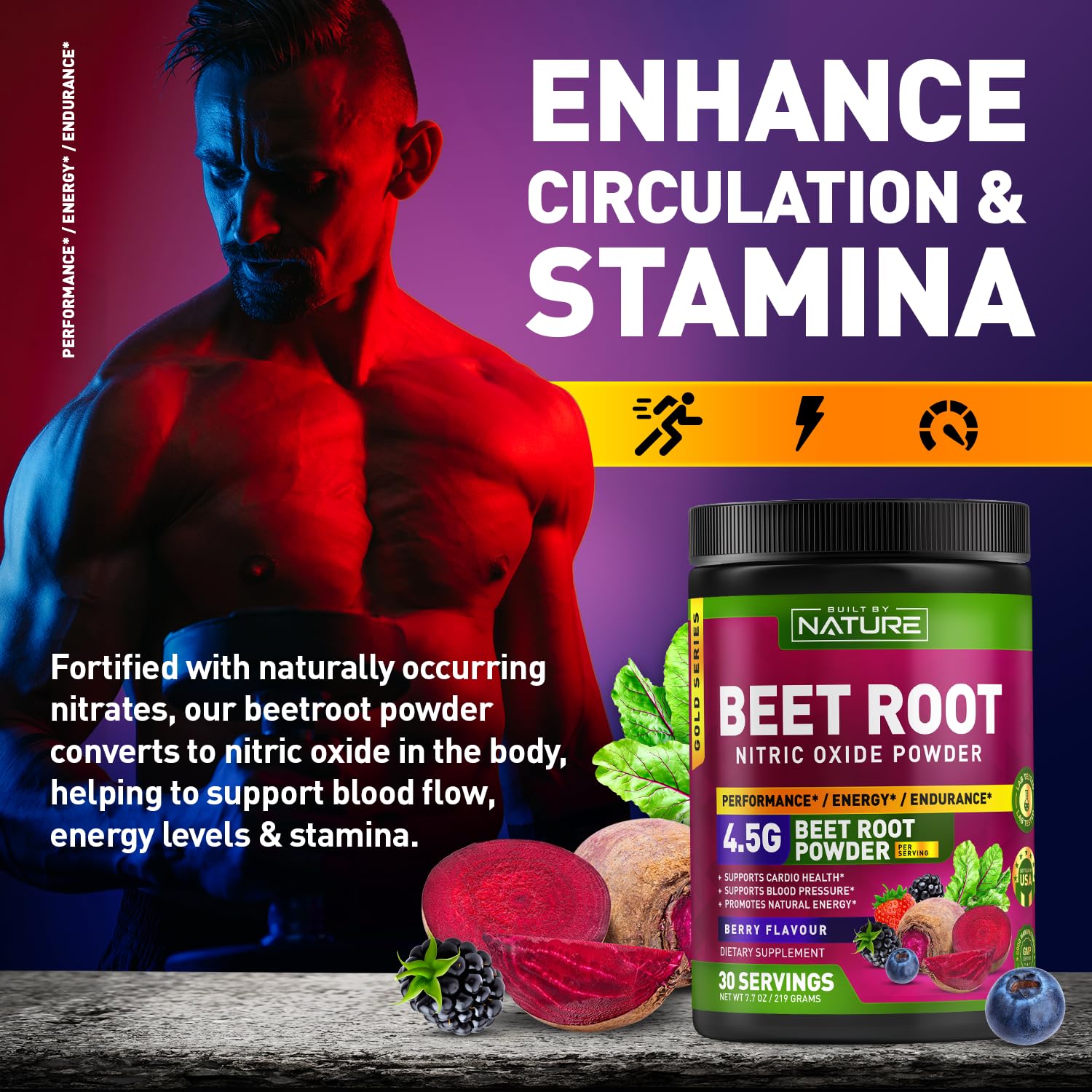 Beet Root Nitric Oxide Powder Supplement - Organic Beetroot Super Food Performance Booster for Circulation, Energy, Stamina, Blood Flow and Heart Health - Vegan, Non-GMO - Berry Flavor - 30 Servings