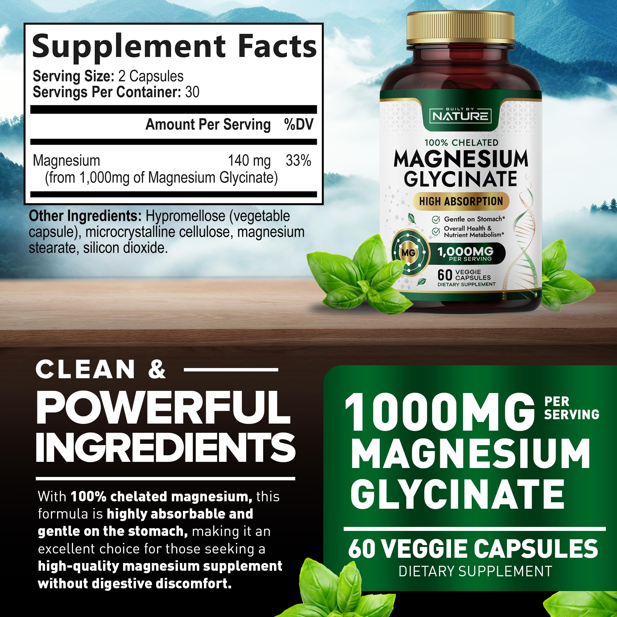 Built By Nature Magnesium Glycinate 1000mg – High Absorption Magnesium Supplement – 100% Chelated, Gentle on Stomach - Muscle, Heart, Bone & Relaxation Support - Non-GMO, Vegan