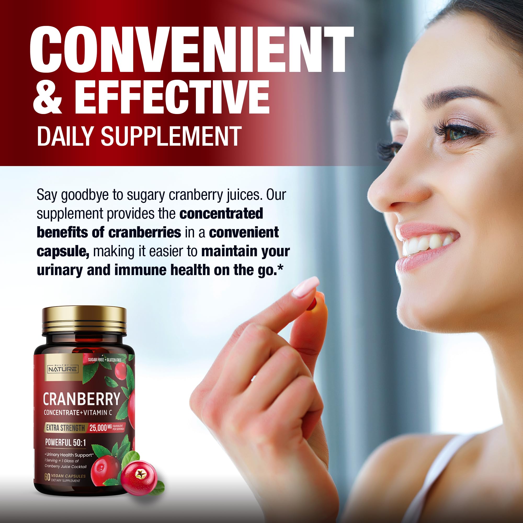 Built by Nature Cranberry Pills 25,000mg - Extra Strength 50:1 Concentrate Extract with Vitamin C - Urinary Tract Health Supplement for Women - Non-GMO, Sugar Free, Vegan - 60 Capsules