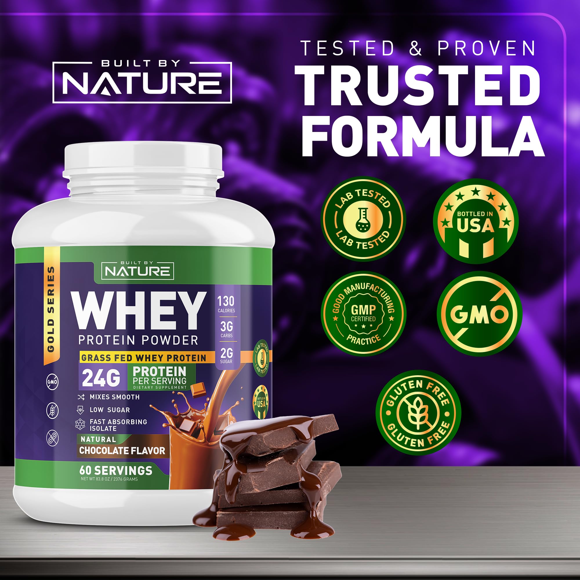 Built by Nature Whey Protein Powder - 100% Pure Whey Shake with Whey Isolate, Protein, No Bloating, Mixes Smooth, No Clumps or Chunks - High Protein, Low Sugar Drink