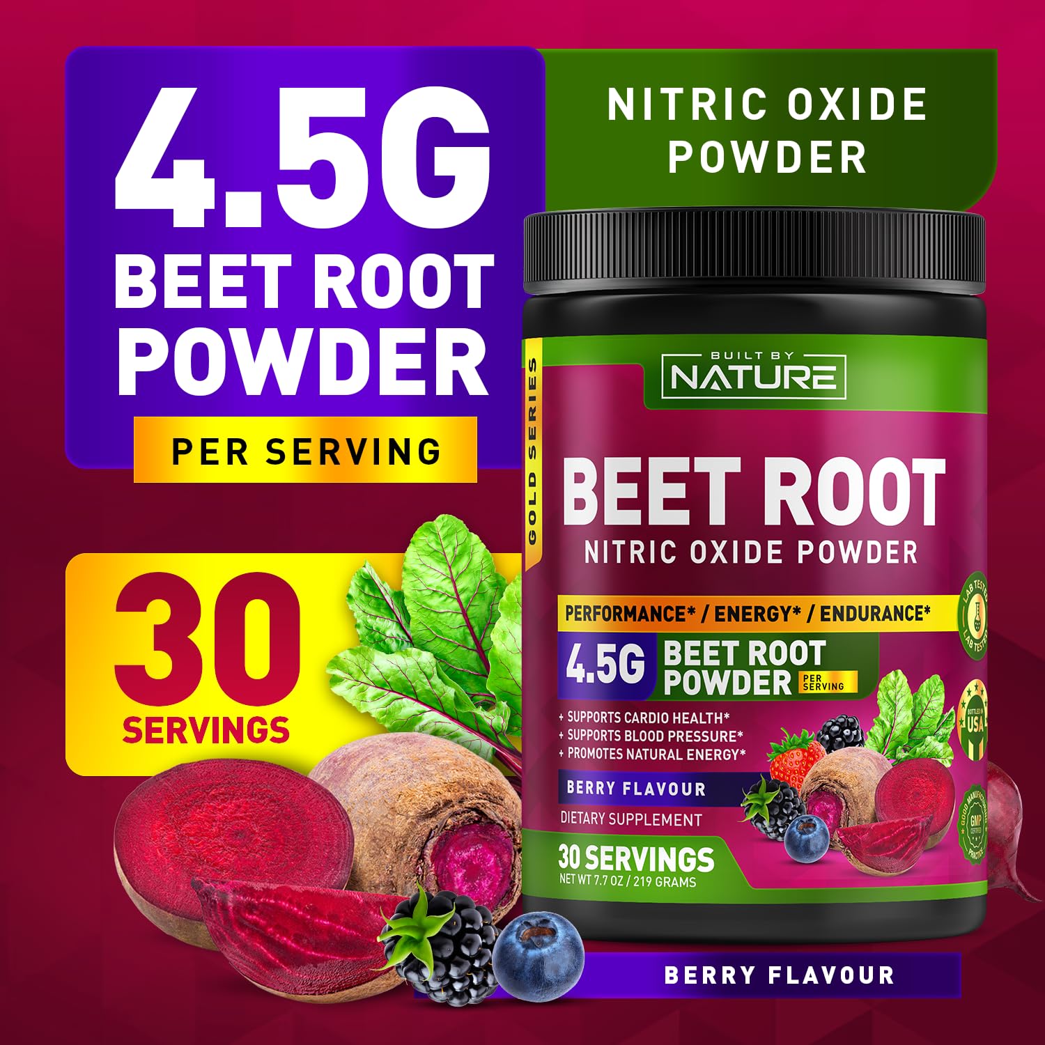 Beet Root Nitric Oxide Powder Supplement - Organic Beetroot Super Food Performance Booster for Circulation, Energy, Stamina, Blood Flow and Heart Health - Vegan, Non-GMO - Berry Flavor - 30 Servings