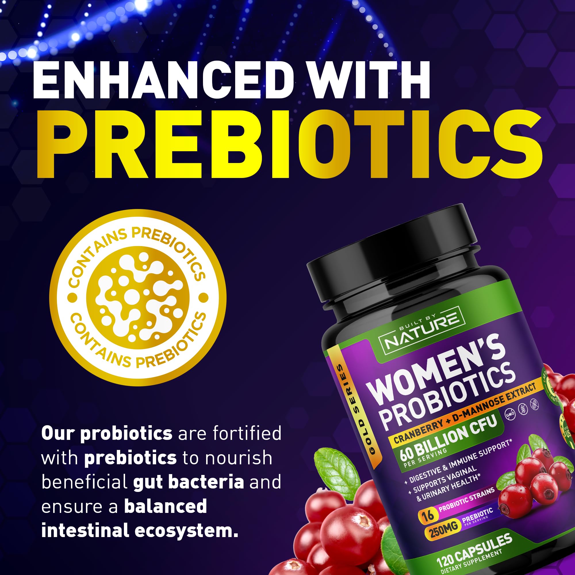 Built by Nature Probiotics for Women - 60 Billion CFUs, 16 Strains, with Cranberry, D-Mannose & Prebiotics - Supports Digestive, Immune, & Vaginal Health - Non-GMO, Dairy & Gluten-Free