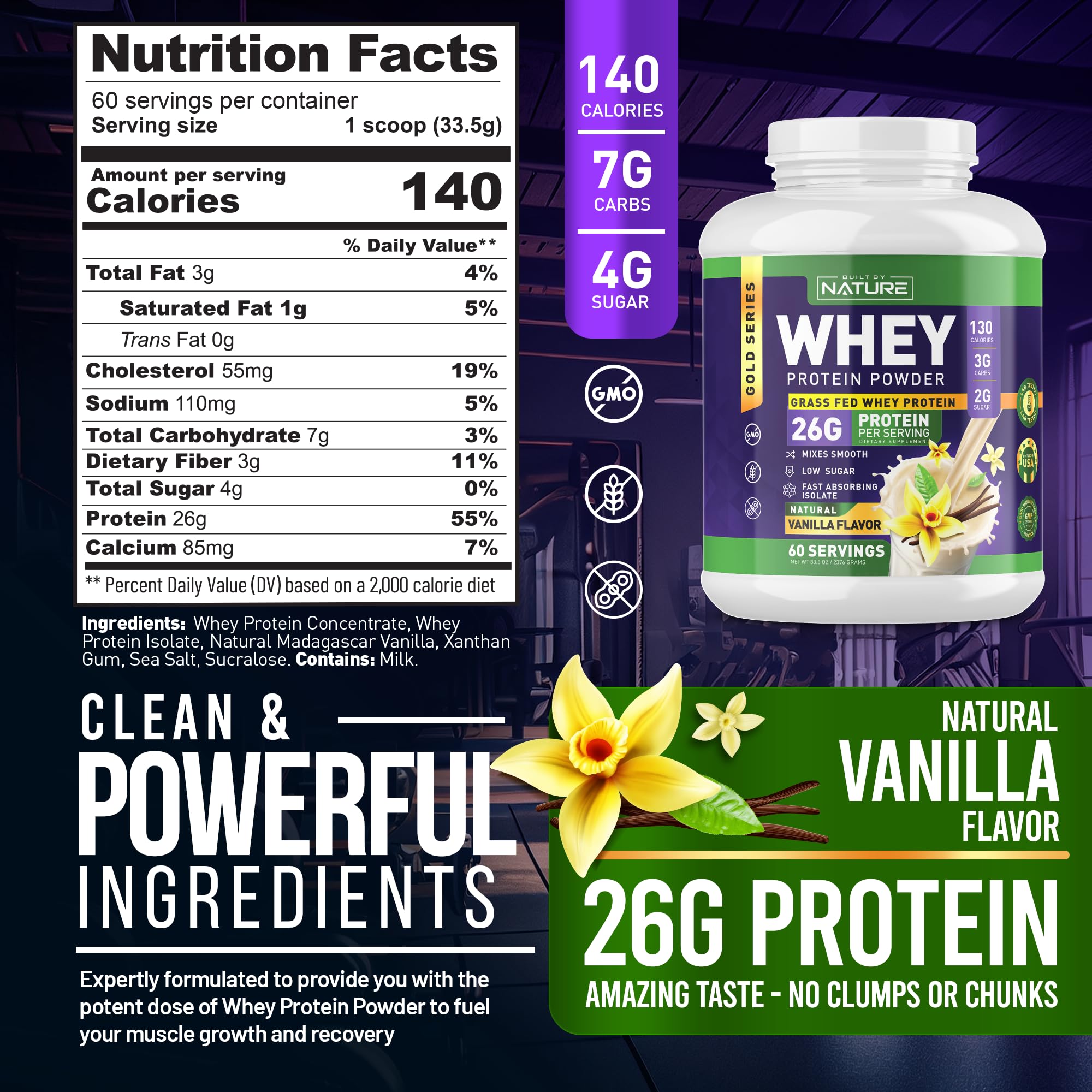 Built by Nature Whey Protein Powder - 100% Pure Whey Shake with Whey Isolate, Protein, No Bloating, Mixes Smooth, No Clumps or Chunks - High Protein, Low Sugar Drink