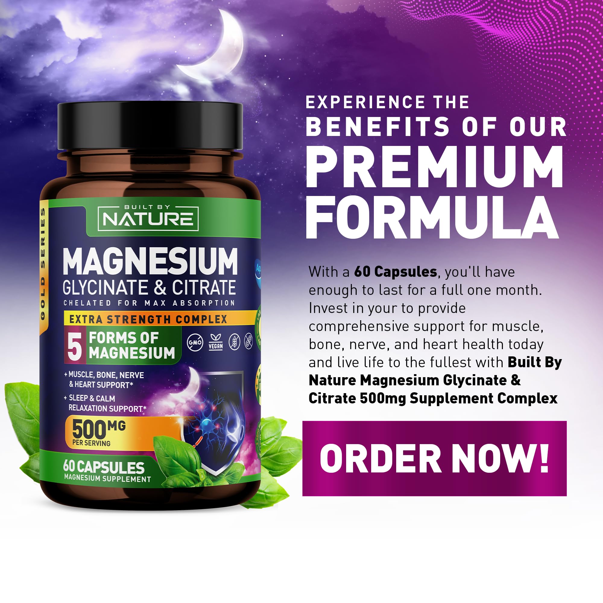 Magnesium Complex 500mg - 5 Forms of Magnesium Glycinate, Citrate, Malate, Oxide & Aquamin with 72 Trace Minerals - Chelated for Absorption - Supplement for Muscle, Nerve, Heart & Sleep