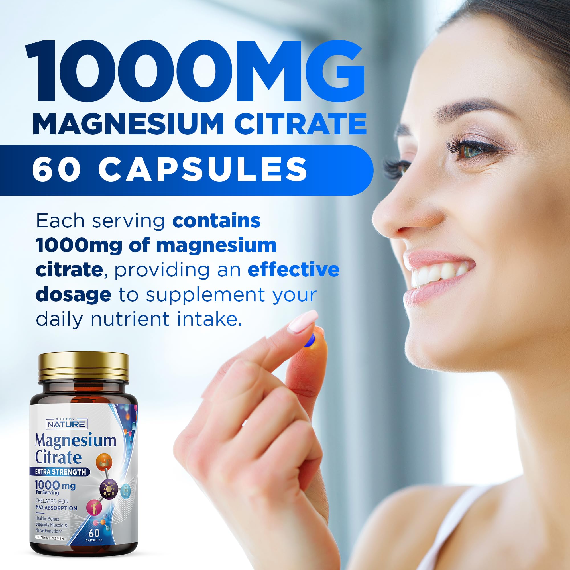 Magnesium Citrate 1000mg - Max Absorption & High Potency Magnesium Complex Supplement for Heart, Muscle, Nerve, Bone Health & Stress Relief - Non-GMO, Gluten-Free