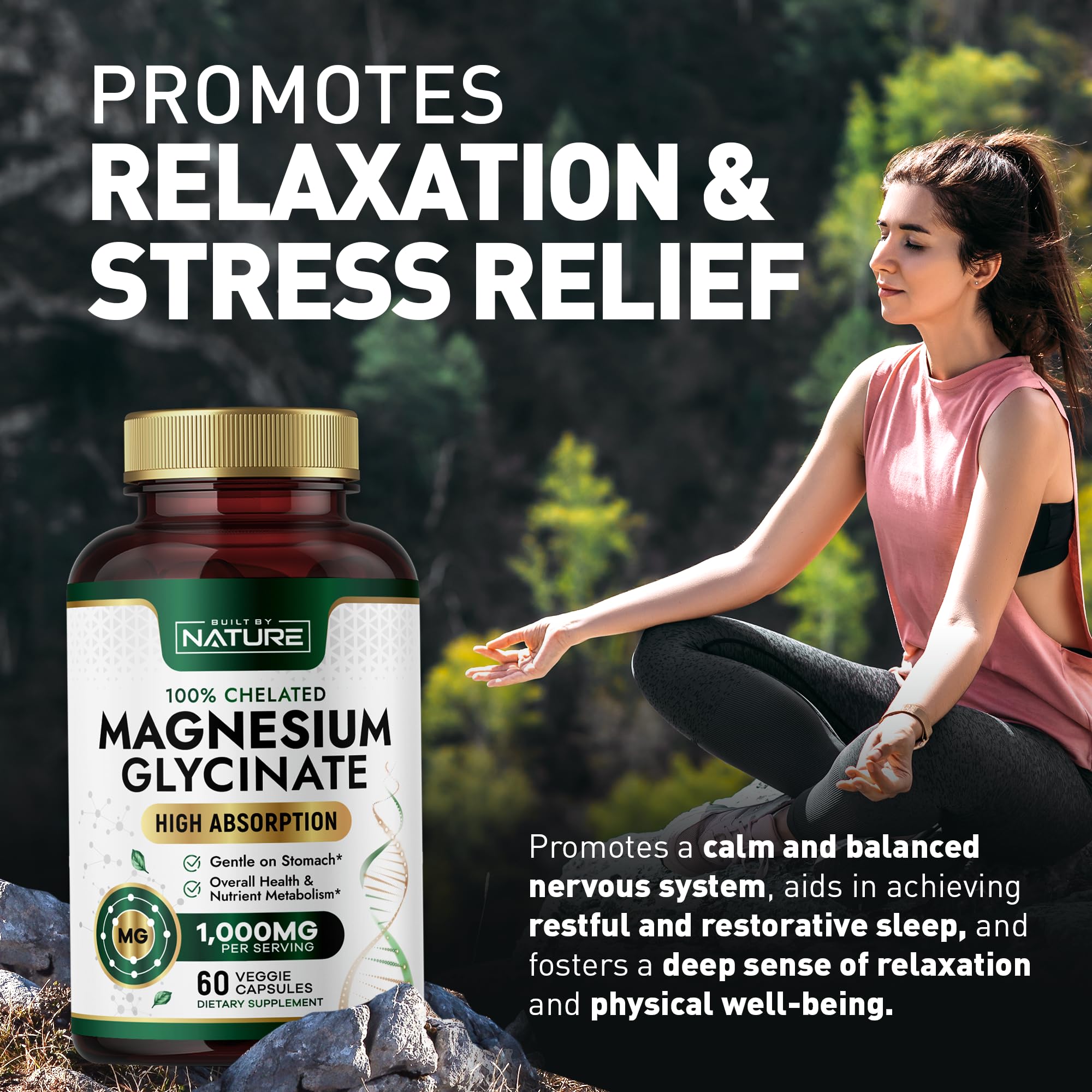 Built By Nature Magnesium Glycinate 1000mg – High Absorption Magnesium Supplement – 100% Chelated, Gentle on Stomach - Muscle, Heart, Bone & Relaxation Support - Non-GMO, Vegan