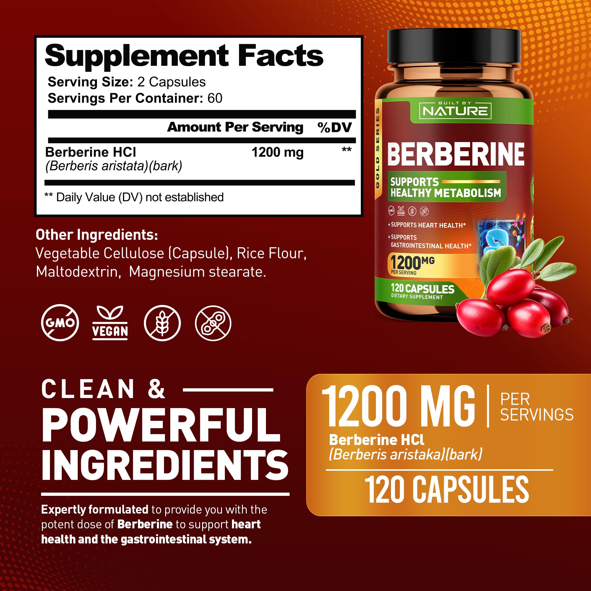 Berberine 1200mg - 100% Pure Berberine HCl Supplement, High Strength Berberine, Natural Support for Metabolic, Heart and Gastrointestinal Health, Non-GMO, Gluten Free, Vegan, 120 Veggie Capsules