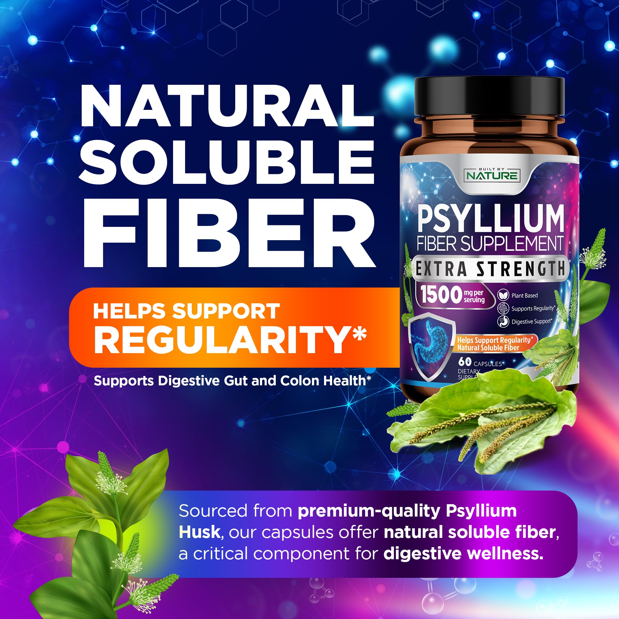 Psyllium Husk Capsules 1500mg - Fiber Supplement - Natural Soluble Fiber Pills with Psyllium Husk Powder - Supports Digestive Gut and Colon Health - Non-GMO, Gluten-Free, Vegan