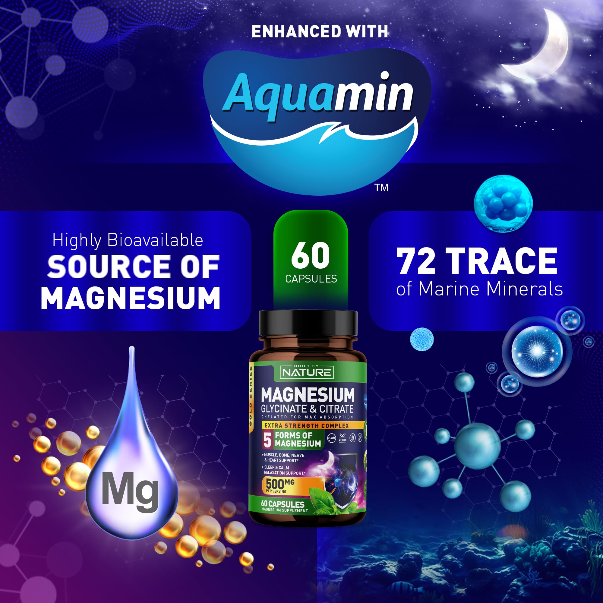 Magnesium Complex 500mg - 5 Forms of Magnesium Glycinate, Citrate, Malate, Oxide & Aquamin with 72 Trace Minerals - Chelated for Absorption - Supplement for Muscle, Nerve, Heart & Sleep