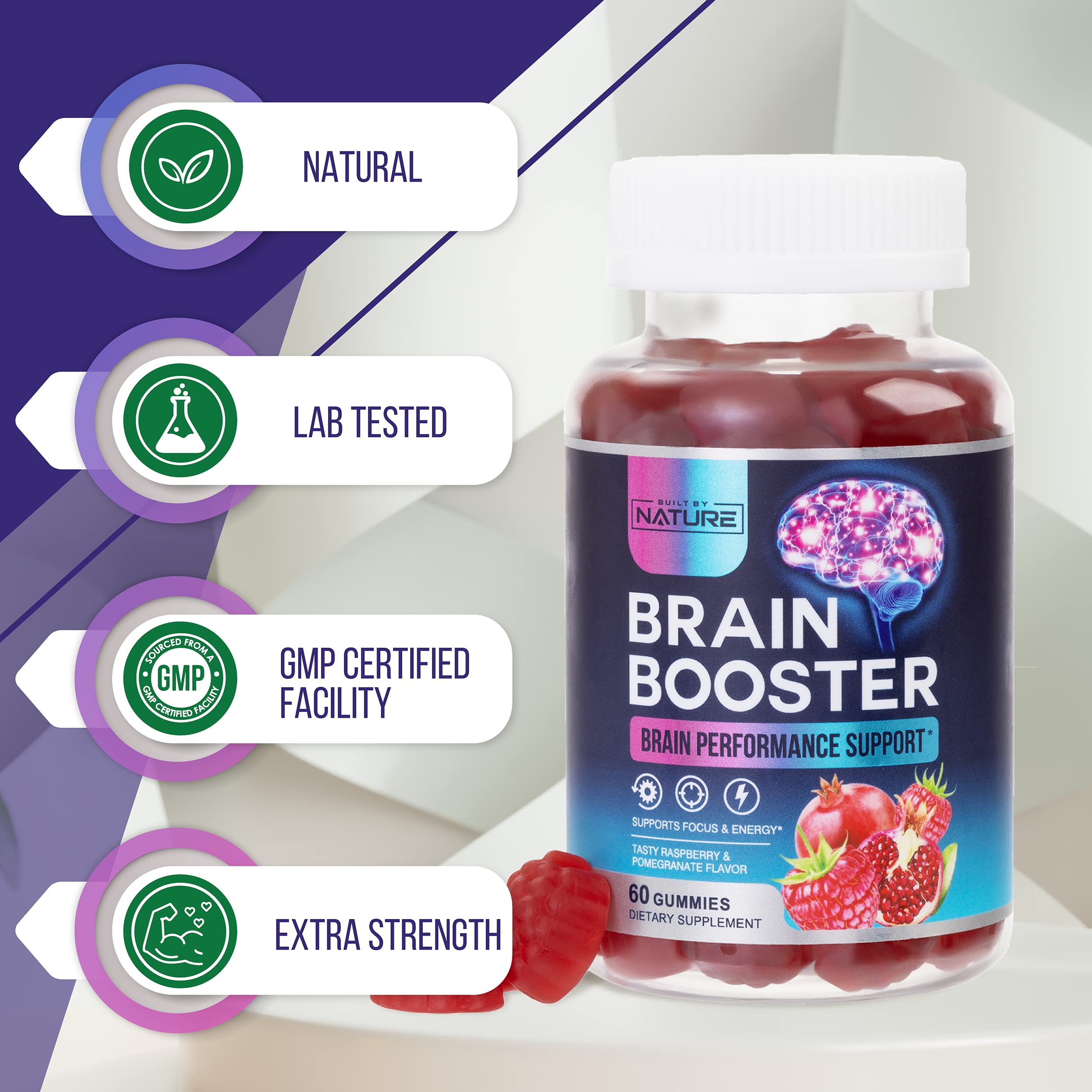 Built by Nature Brain Booster Gummies Supplement - Memory, Focus & Concentration Gummy - Vitamins B6 & B12, Proven and Tested Phosphatidylserine - Natural Cognitive Function & Energy Boost, 60 Gummies