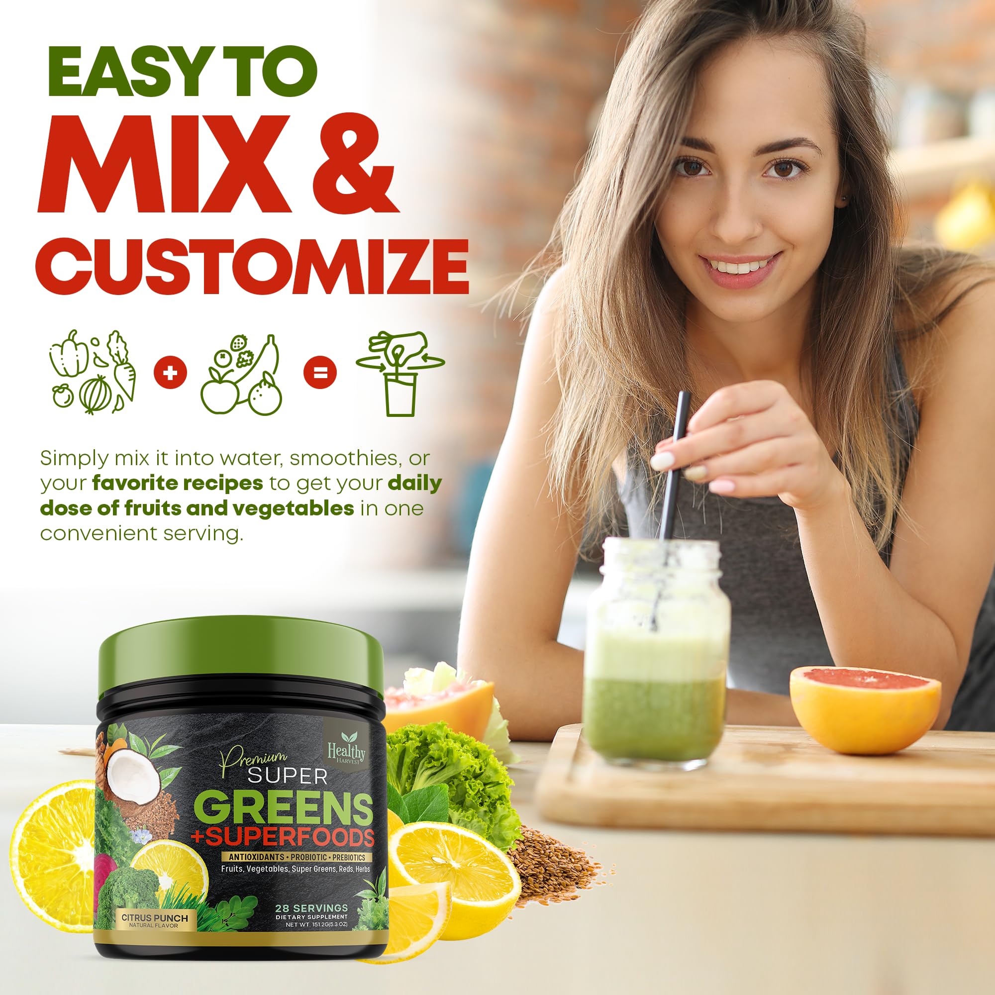 Greens Powder Superfood Supplement - Super Green Reds Smoothie Mix Blend with Spirulina, Wheat Grass, Chlorella, Beets, Probiotics, Natural Antioxidants - Vegan, Non-GMO - 28 Servings