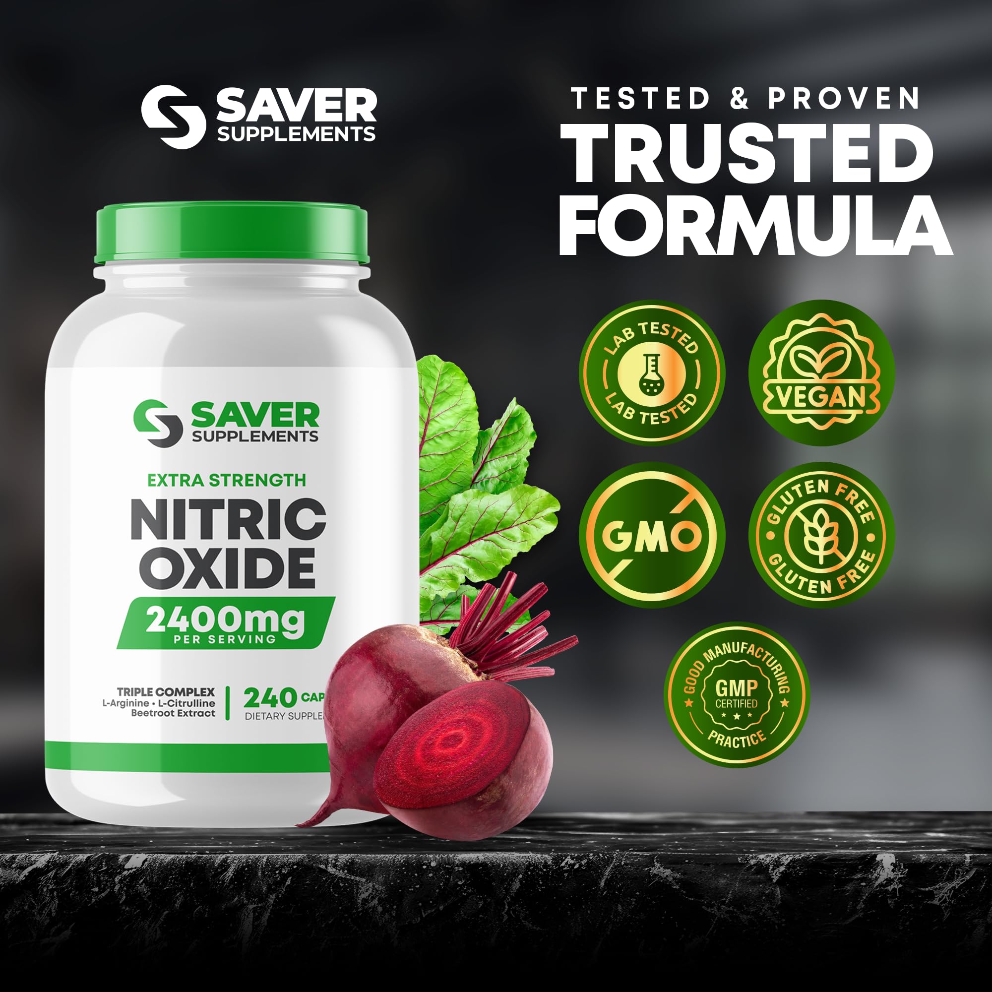 Saver Supplements Nitric Oxide Supplement 2400mg with L-Arginine, L-Citrulline and Beet Root Extract, 240 Capsules