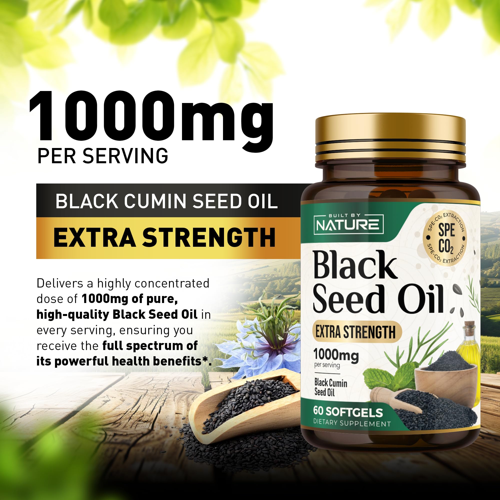 Built by Nature Black Seed Oil 1000mg - 100% Pure CO2 Extracted Nigella Sativa - High Thymoquinone, Omega 3 6 9, Antioxidant - Immune, Joints, Skin & Hair Health Support- Non-GMO – 60 Softgels