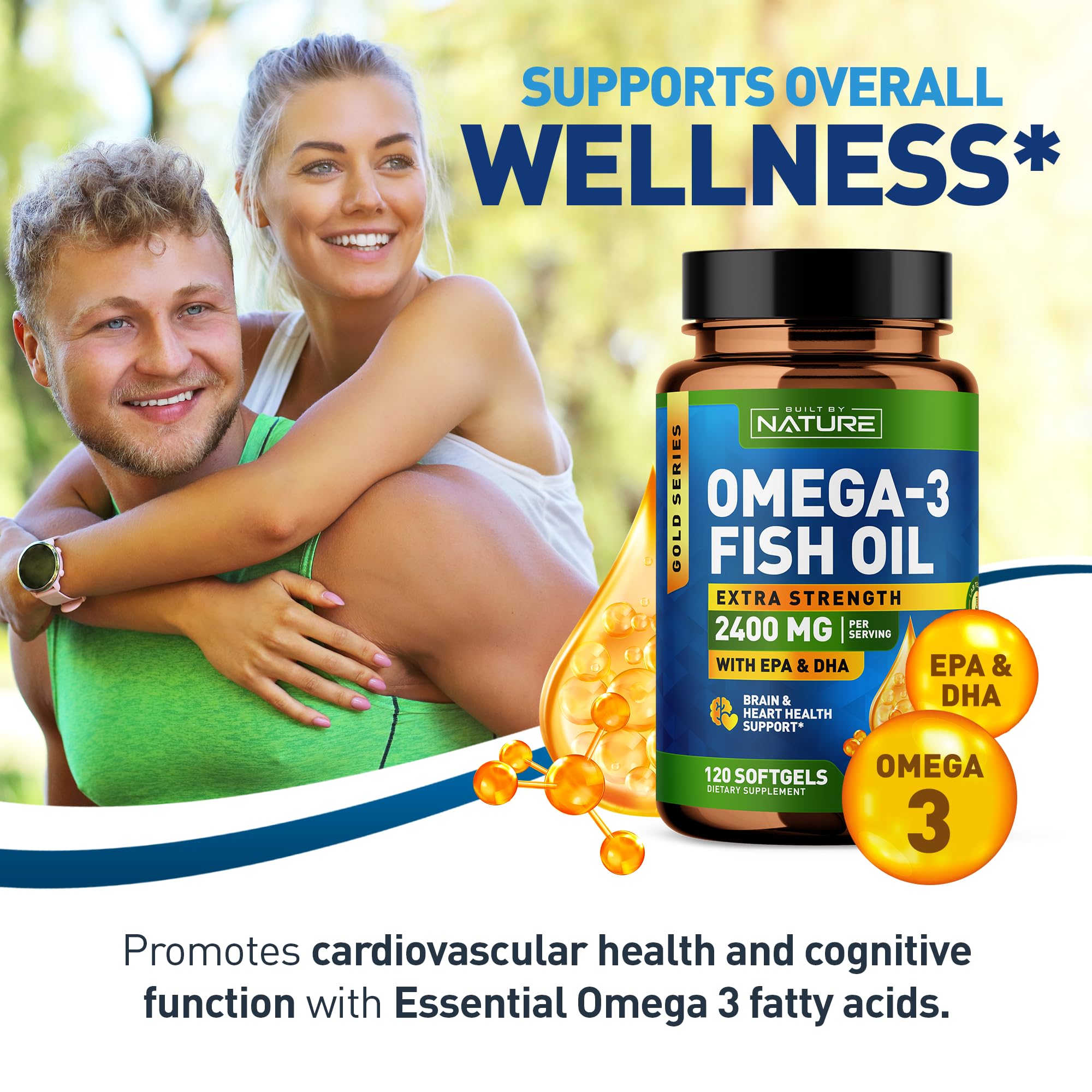 Built by Nature Omega 3 Fish Oil Soft Gels - 2400 mg Fish Oil, 1440 mg Omega 3, 863 mg EPA, 576 mg DHA - Extra Strength Brain & Heart Health Support Supplement