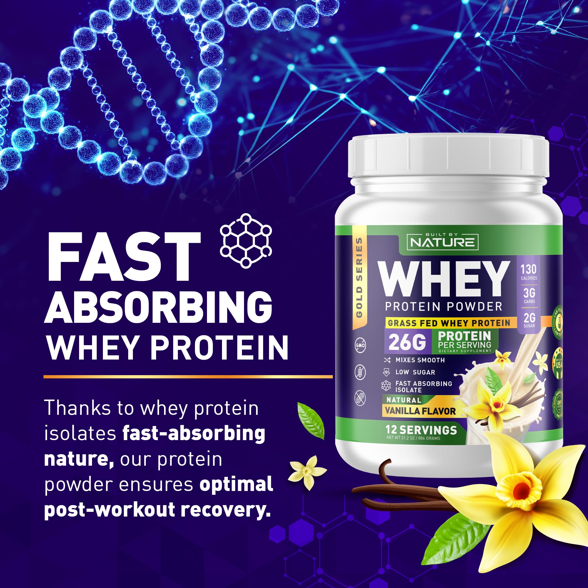 Built by Nature Whey Protein Powder - 100% Pure Whey Shake with Whey Isolate, Protein, No Bloating, Mixes Smooth, No Clumps or Chunks - High Protein, Low Sugar Drink