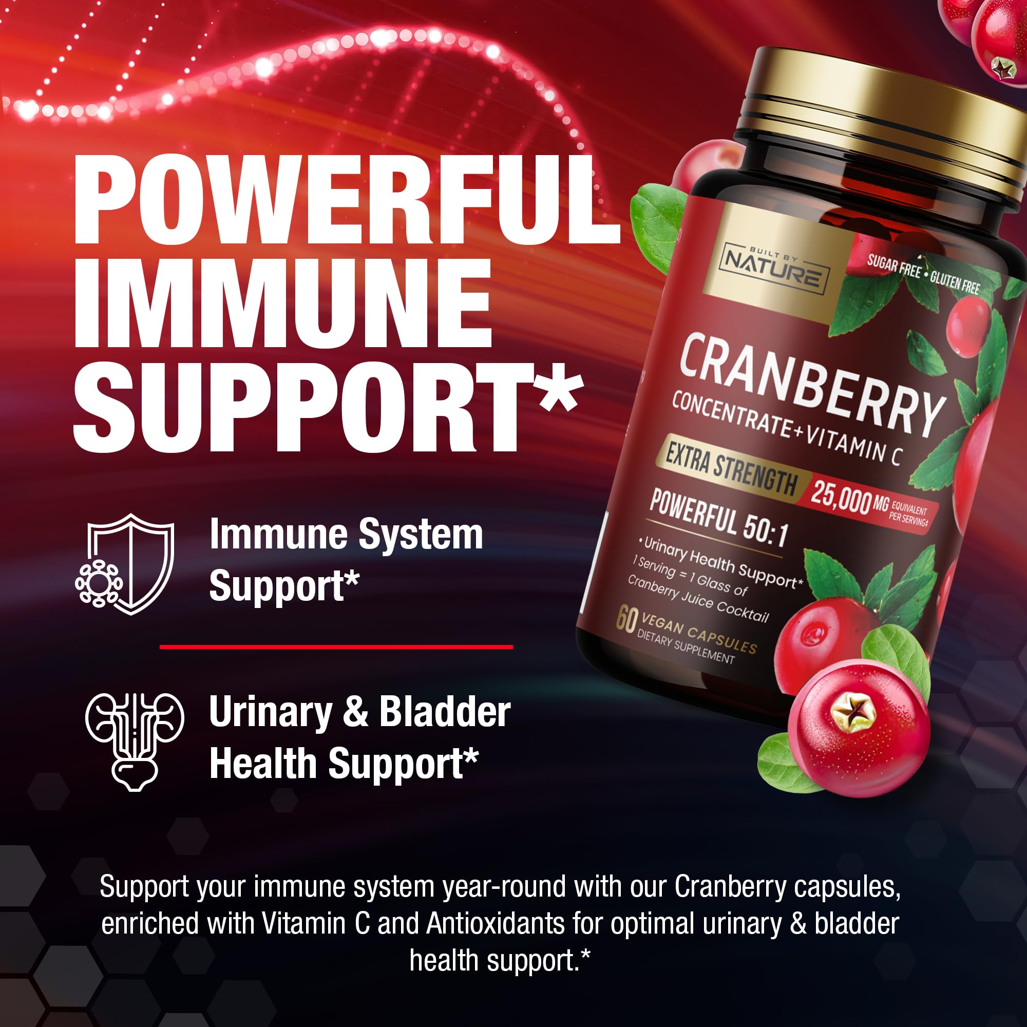 Built by Nature Cranberry Pills 25,000mg - Extra Strength 50:1 Concentrate Extract with Vitamin C - Urinary Tract Health Supplement for Women - Non-GMO, Sugar Free, Vegan - 60 Capsules