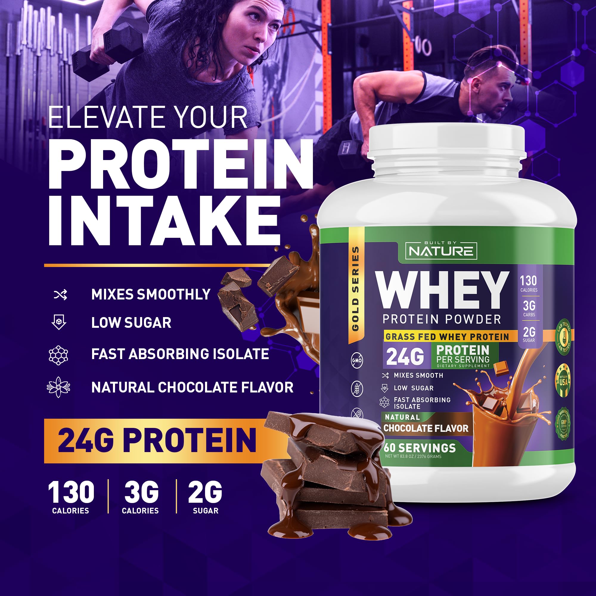 Built by Nature Whey Protein Powder - 100% Pure Whey Shake with Whey Isolate, Protein, No Bloating, Mixes Smooth, No Clumps or Chunks - High Protein, Low Sugar Drink