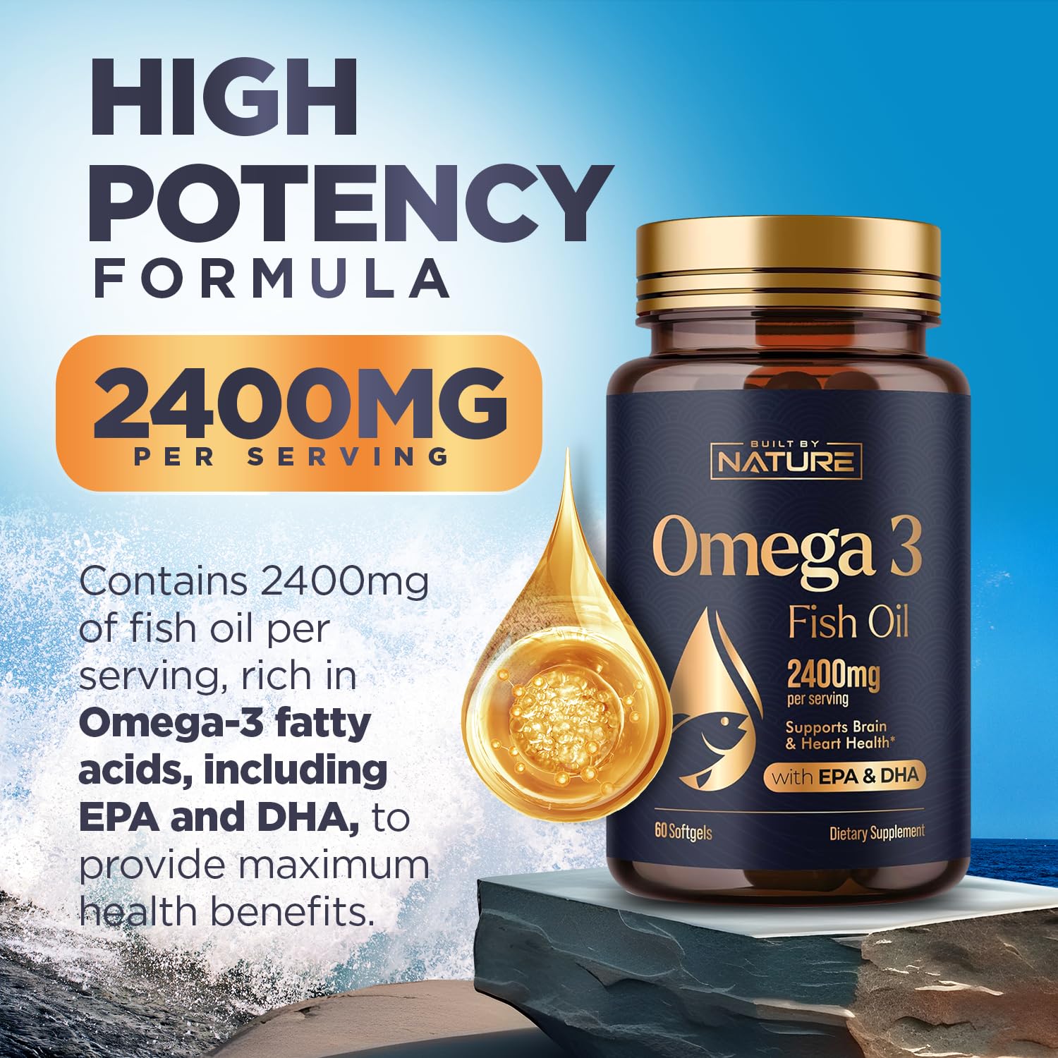 Omega 3 Fish Oil Supplement – 2400mg Fish Oil with EPA & DHA Omega-3 Fatty Acids from Sustainably Sourced Wild Caught Peruvian Anchovy - Heart & Brain Health Support - Non-GMO