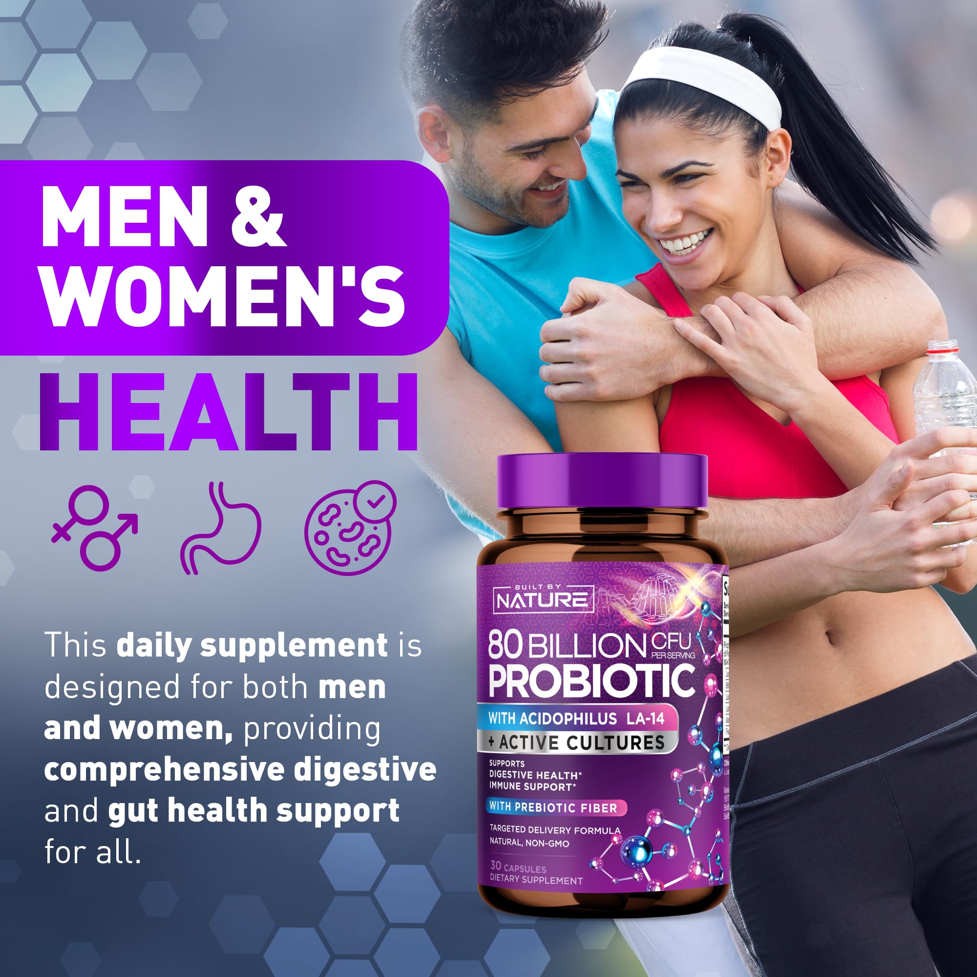 80 Billion CFU Probiotic - Daily Digestive Gut Health Supplement for Men & Women - Lactobacillus acidophilus, Bifidobacterium & Prebiotics - Non-GMO, Gluten & Dairy Free, Shelf-Stable - 60 Capsules