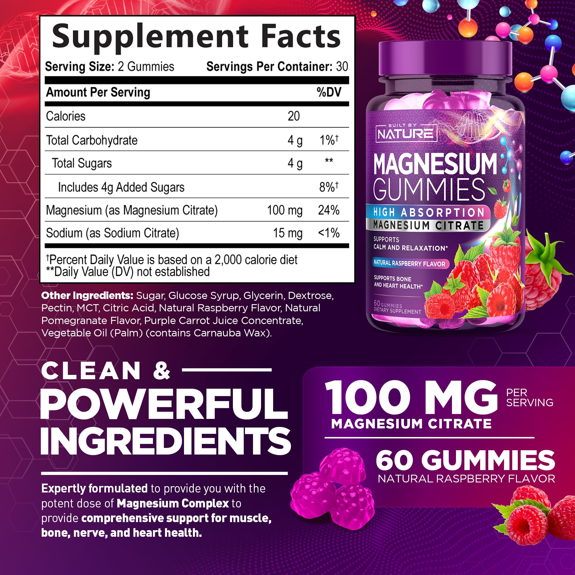 Magnesium Citrate Gummies – High Absorption Magnesium Gummy Supplement for Muscle, Nerve, Bone & Heart Support, Enzyme Function, Sleep Aid & Calm Relaxation, Pure Non-GMO, Vegan Safe, 60 Count