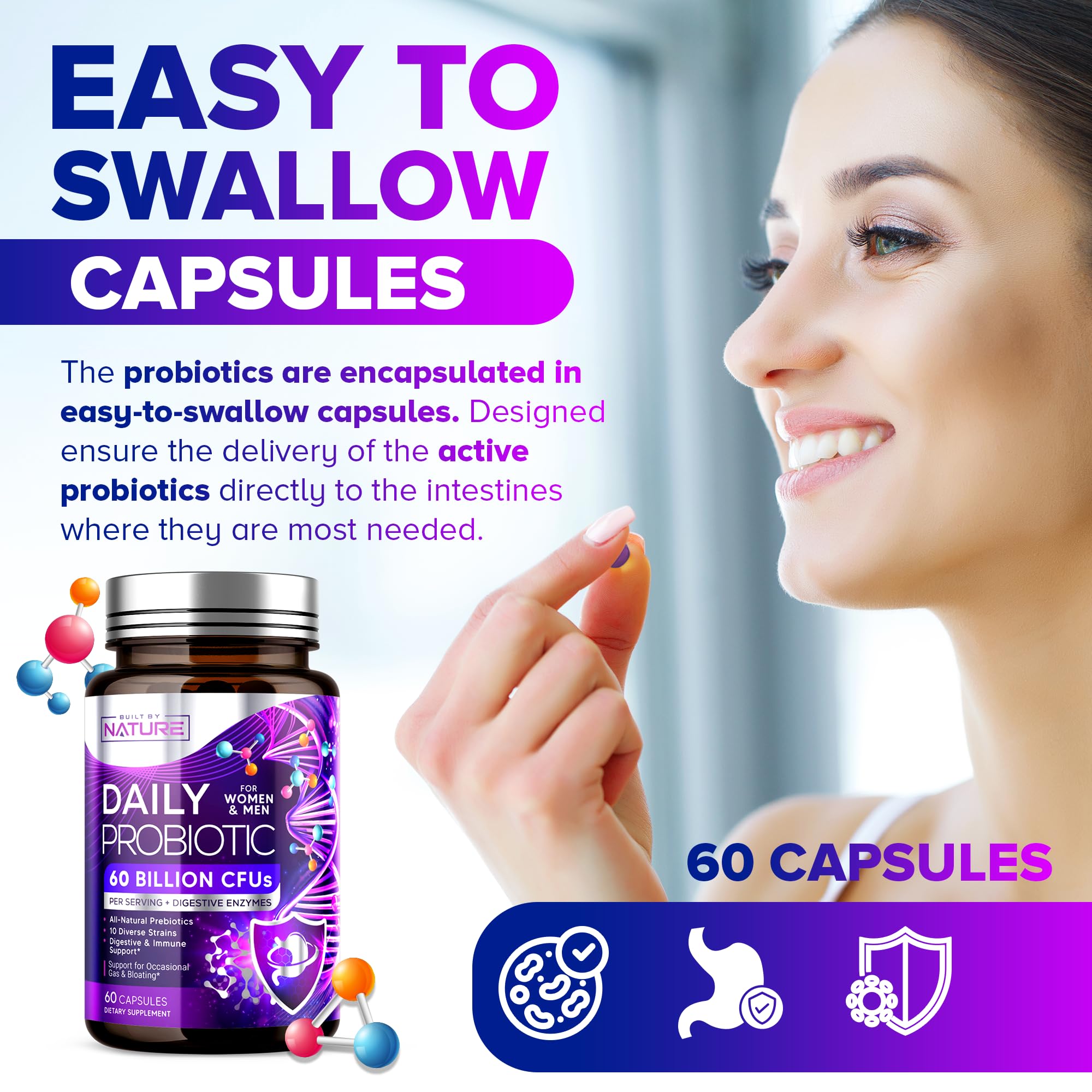 Built by Nature Probiotic for Women & Men – 60 Billion CFU, 10 Strains + Prebiotics & Digestive Enzymes – Supports Digestive, Immune, Reduce Gas & Bloating – Shelf Stable, Non-GMO