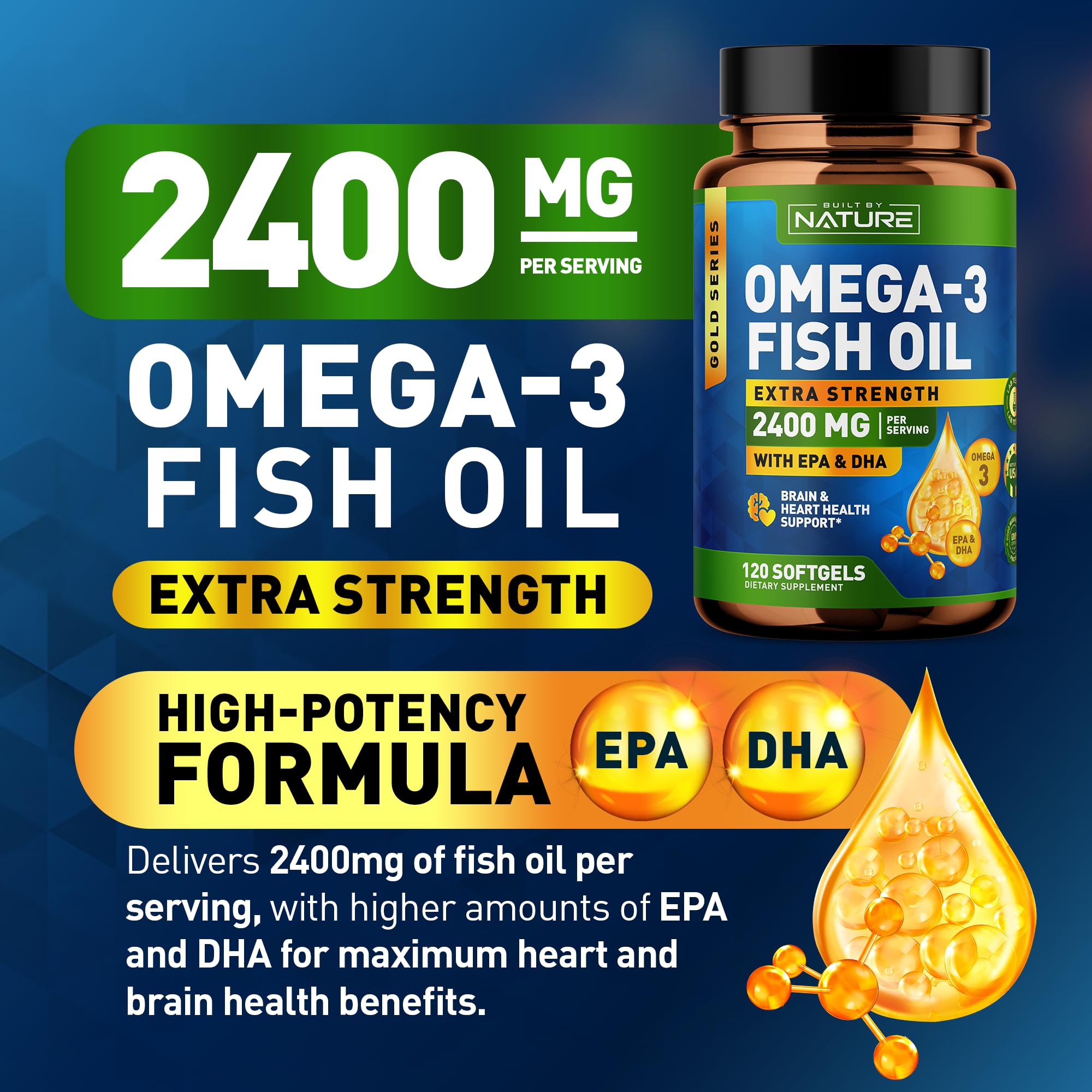 Built by Nature Omega 3 Fish Oil Soft Gels - 2400 mg Fish Oil, 1440 mg Omega 3, 863 mg EPA, 576 mg DHA - Extra Strength Brain & Heart Health Support Supplement