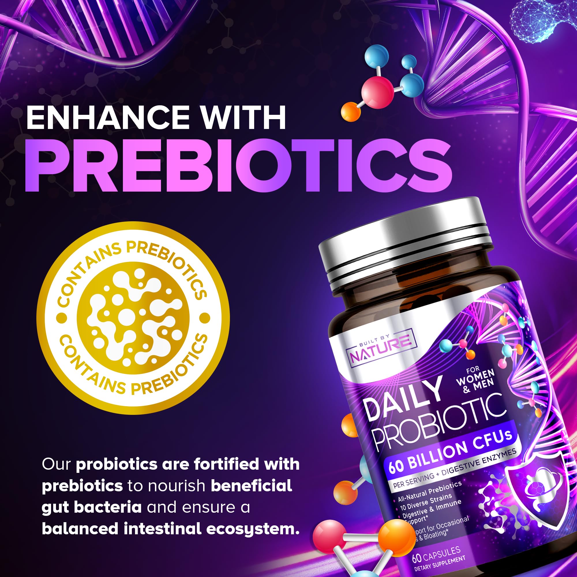 Built by Nature Probiotic for Women & Men – 60 Billion CFU, 10 Strains + Prebiotics & Digestive Enzymes – Supports Digestive, Immune, Reduce Gas & Bloating – Shelf Stable, Non-GMO