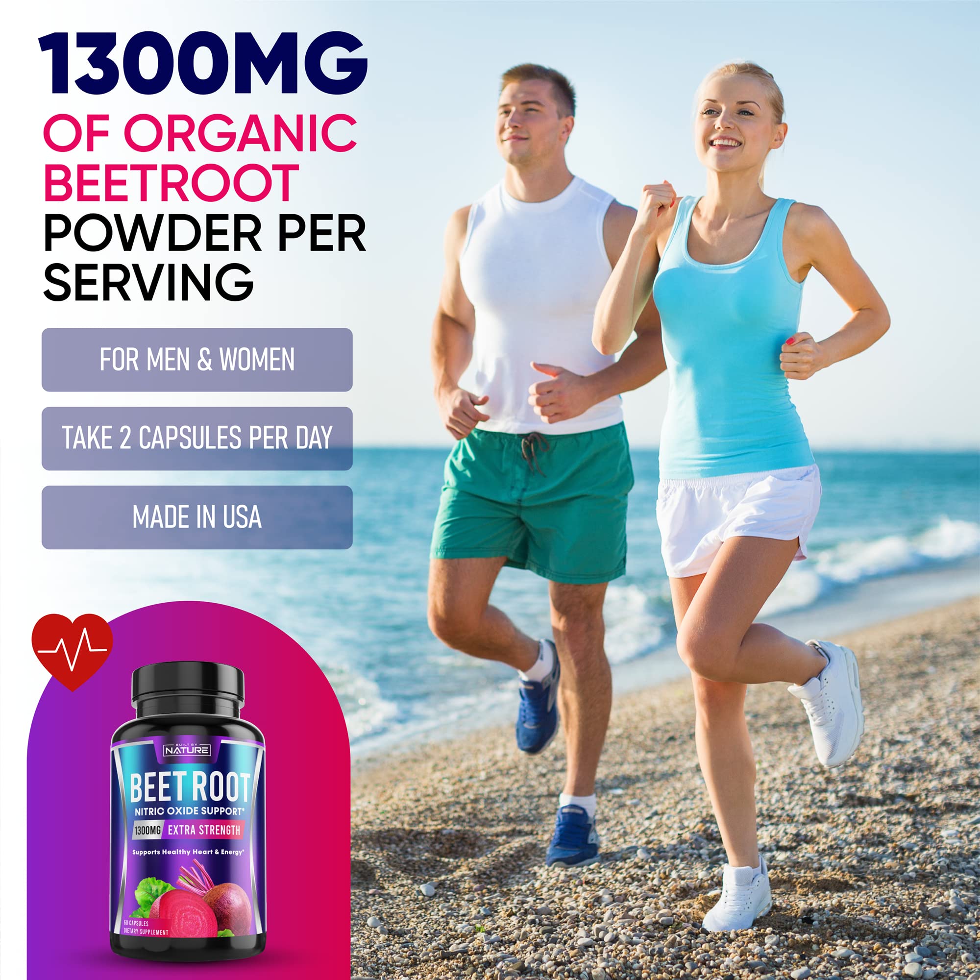 Beetroot Supplement Capsules for Nitric Oxide Booster - Rich in Nitrates - Organic Beet Root for Natural Energy & Peformance - 60 Capsules