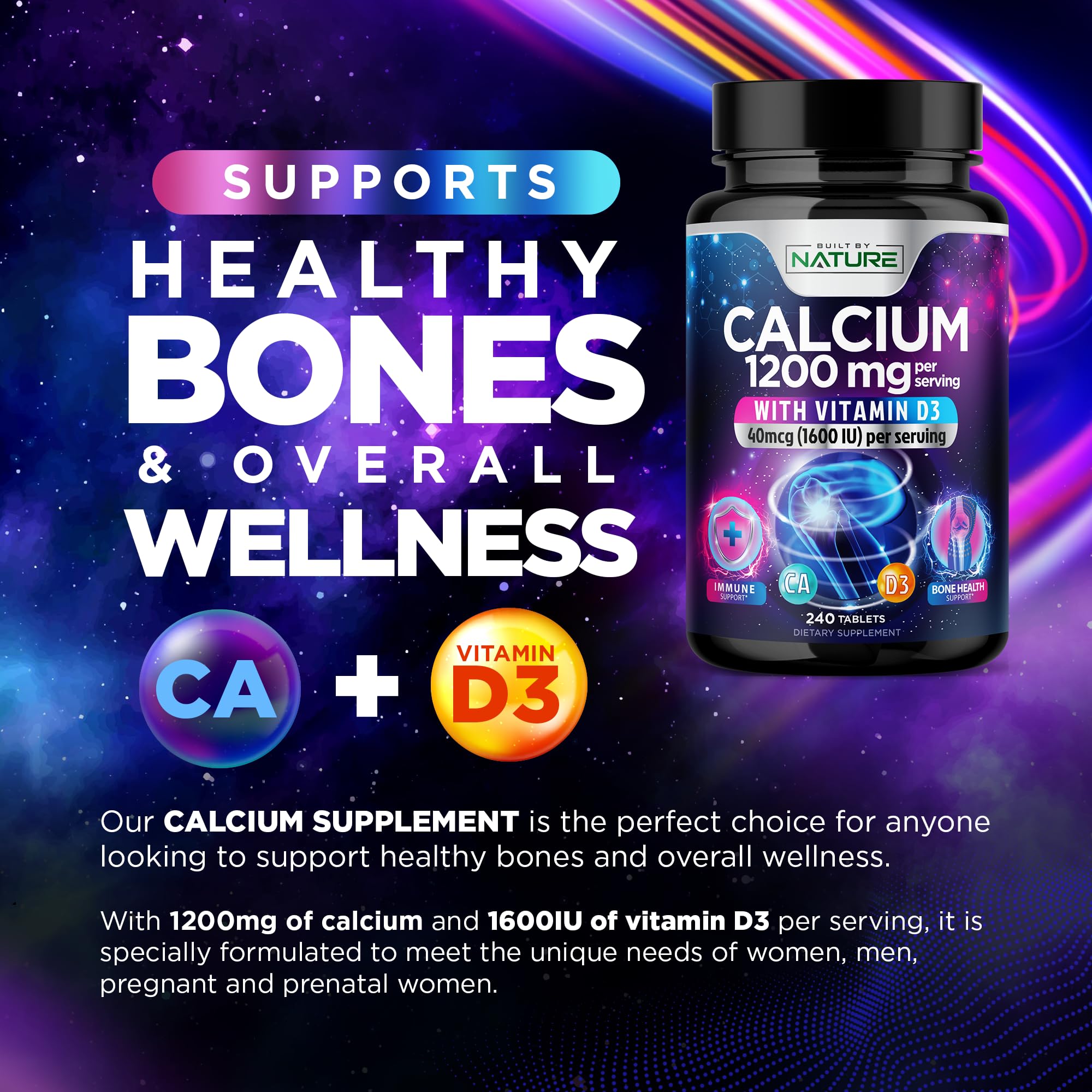 Calcium 1200mg with Vitamin D3 for Best Absorption - Advanced Bone Support Supplement, 1200 mg Calcium Carbonate & 1600 IU Vitamin D3