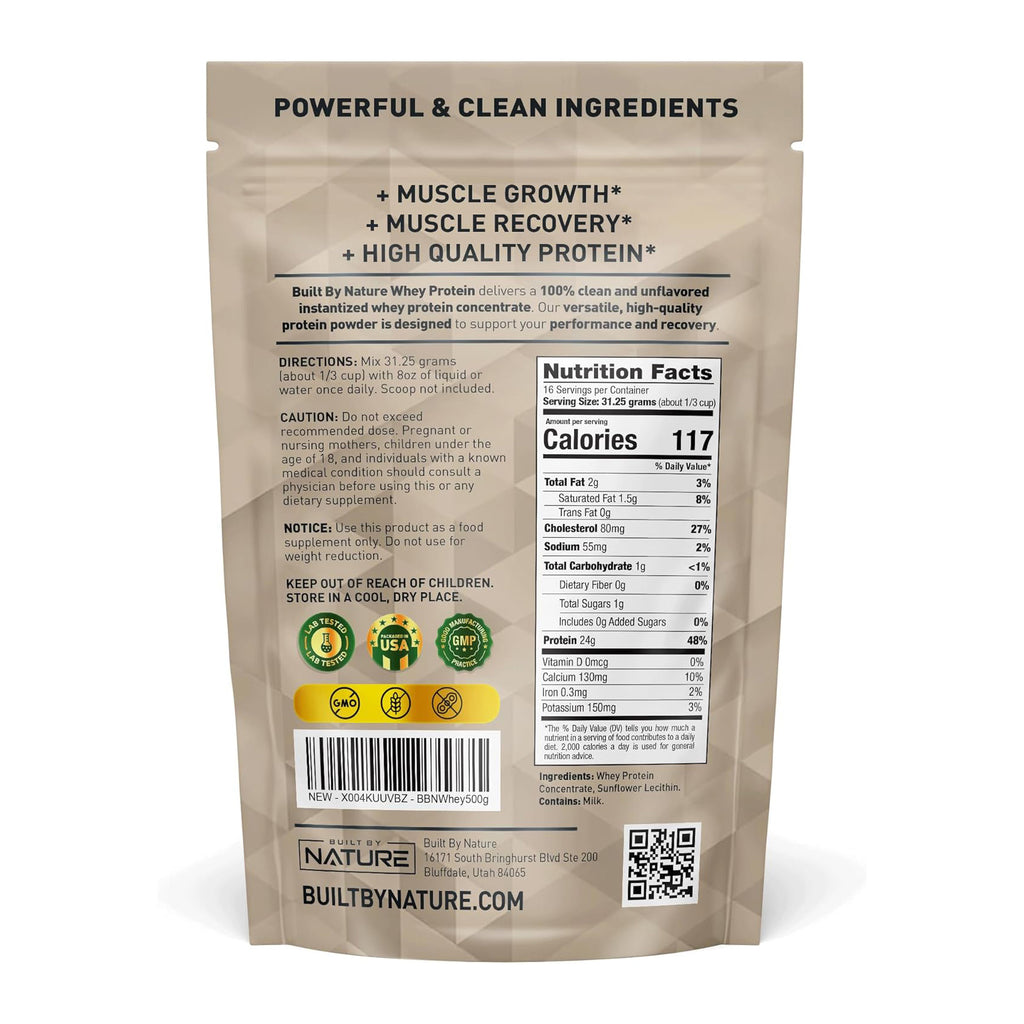 Built by Nature Unflavored Protein Powder - Instantized Whey Protein Concentrate - 1.1 Lb, 16 Servings