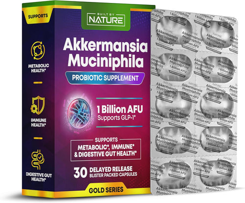 Built by Nature Akkermansia Probiotic – Akkermansia Muciniphila Supplement – Glucose Support, Weight Loss, Gut Health - Best Akkermansia Probiotics - 1 Month Supply, 30 Capsules