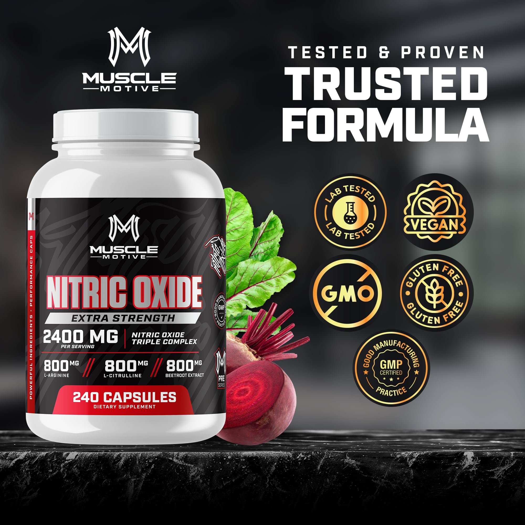 Muscle Motive Nitric Oxide Supplement 2400mg with L-Arginine, L-Citrulline and Beet Root Extract, 240 Capsules