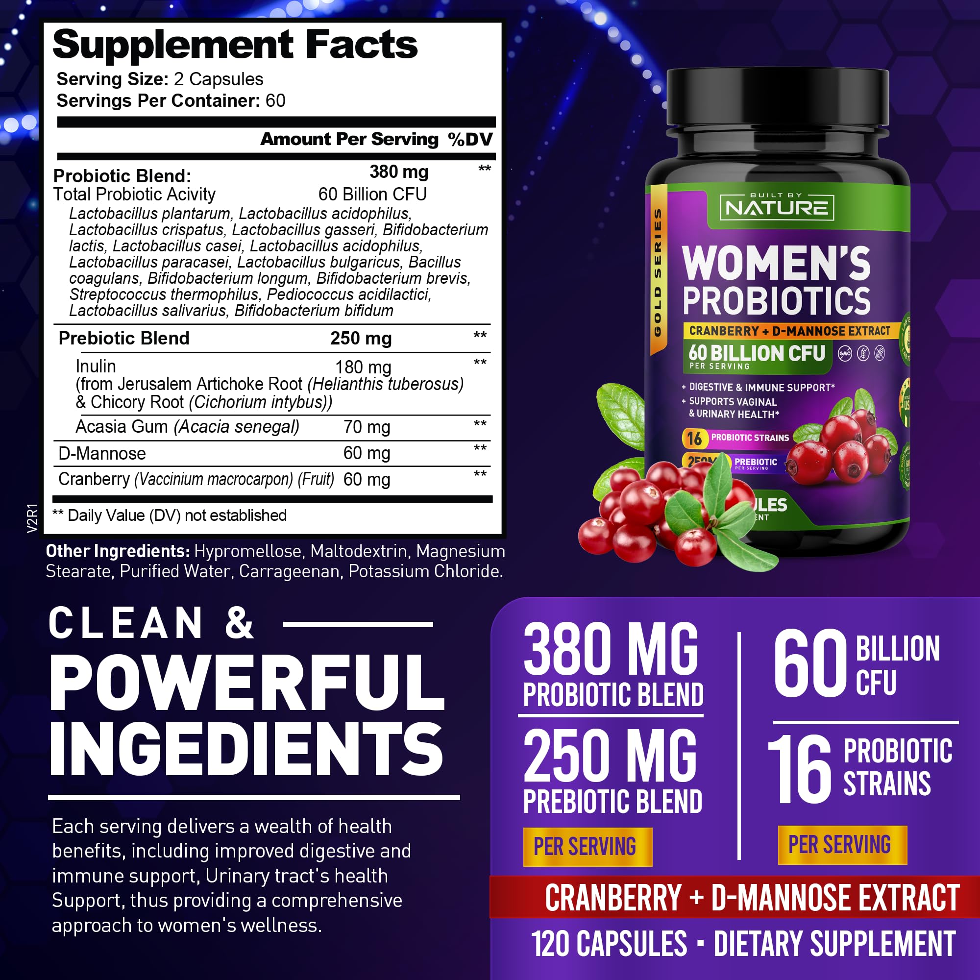 Built by Nature Probiotics for Women - 60 Billion CFUs, 16 Strains, with Cranberry, D-Mannose & Prebiotics - Supports Digestive, Immune, & Vaginal Health - Non-GMO, Dairy & Gluten-Free